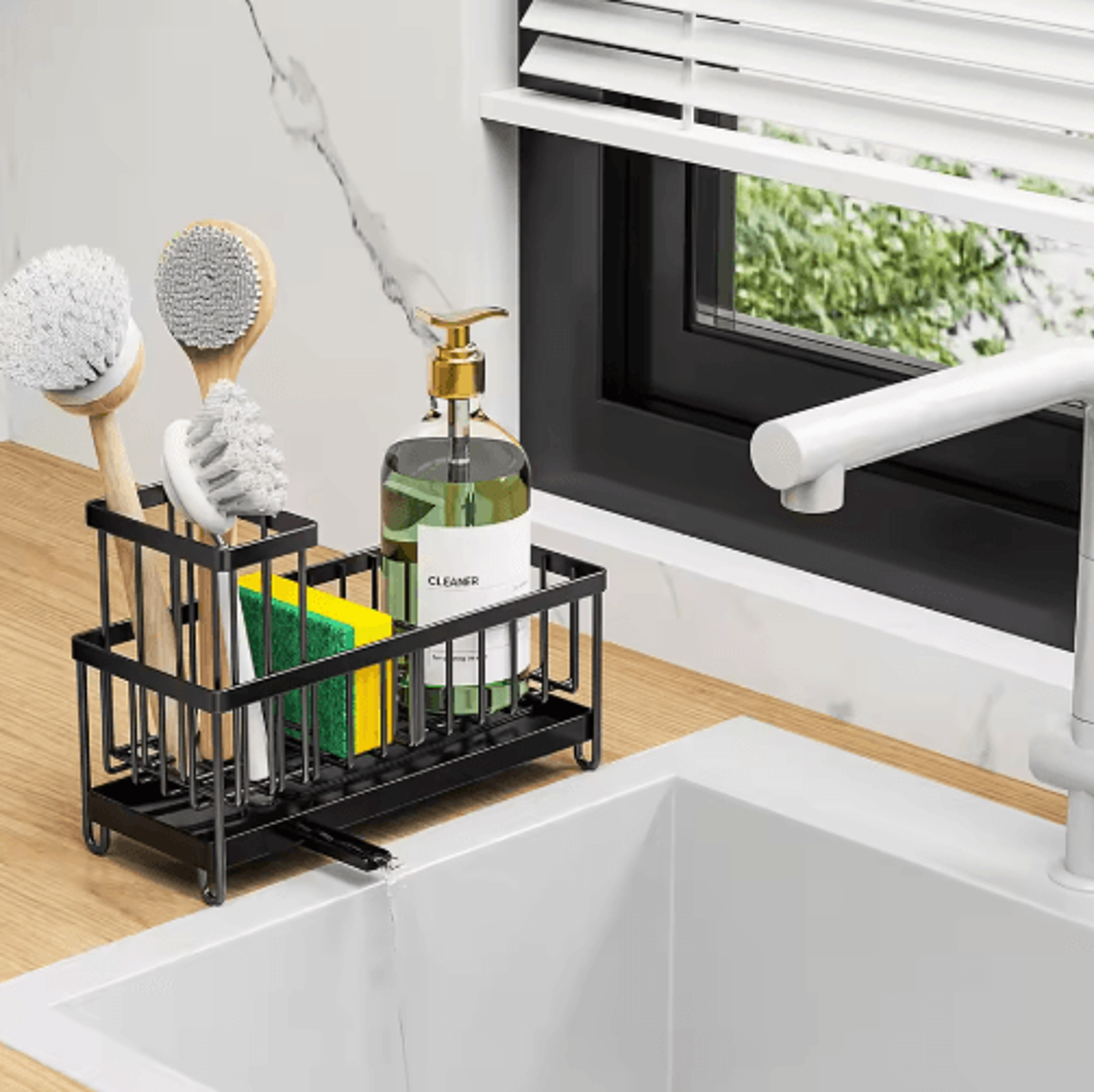 kitchen sink sponge holder with brush rack & countertop organizer