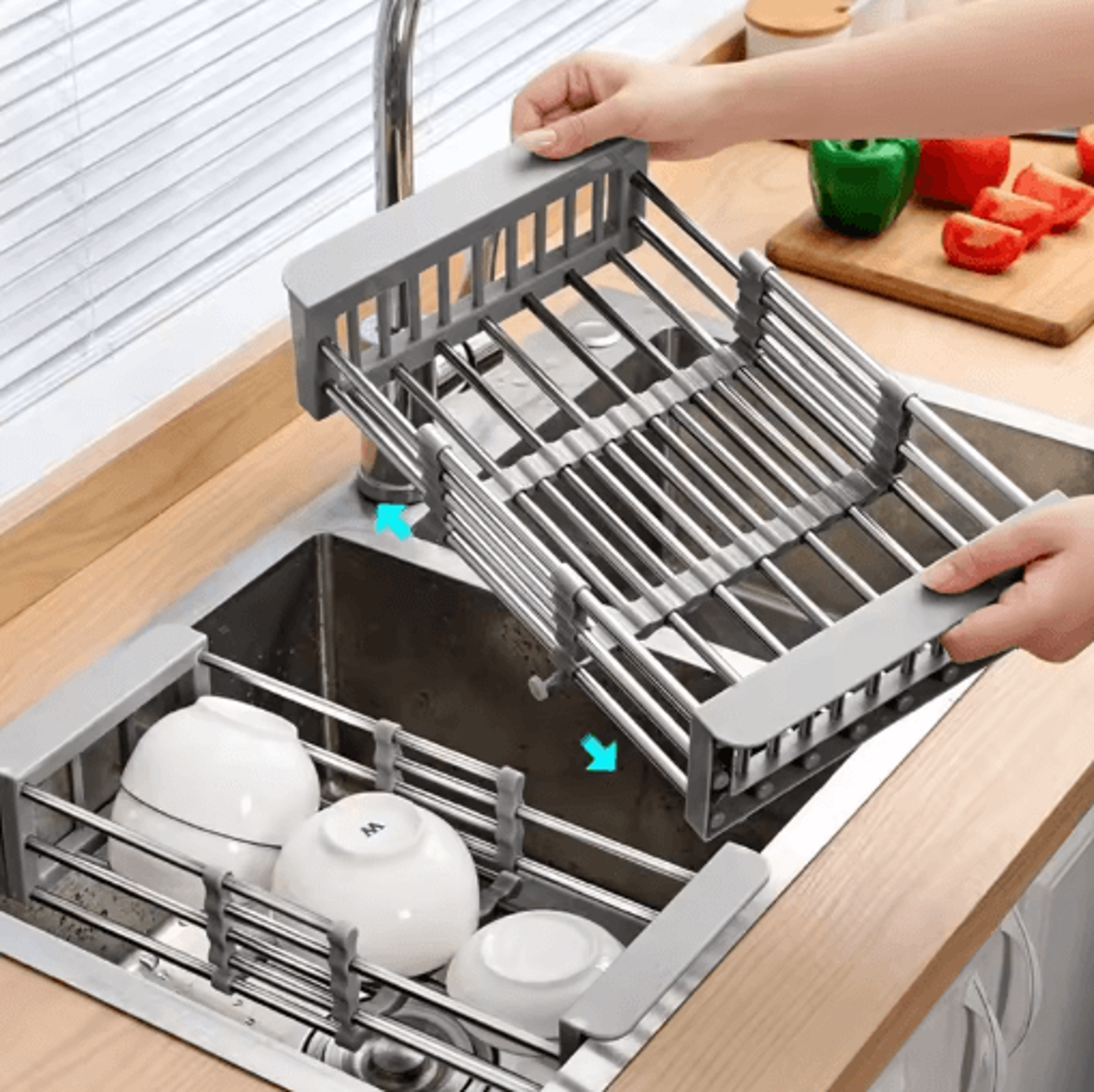 stainless steel expandable sink drain basket for dish drying & produce washing