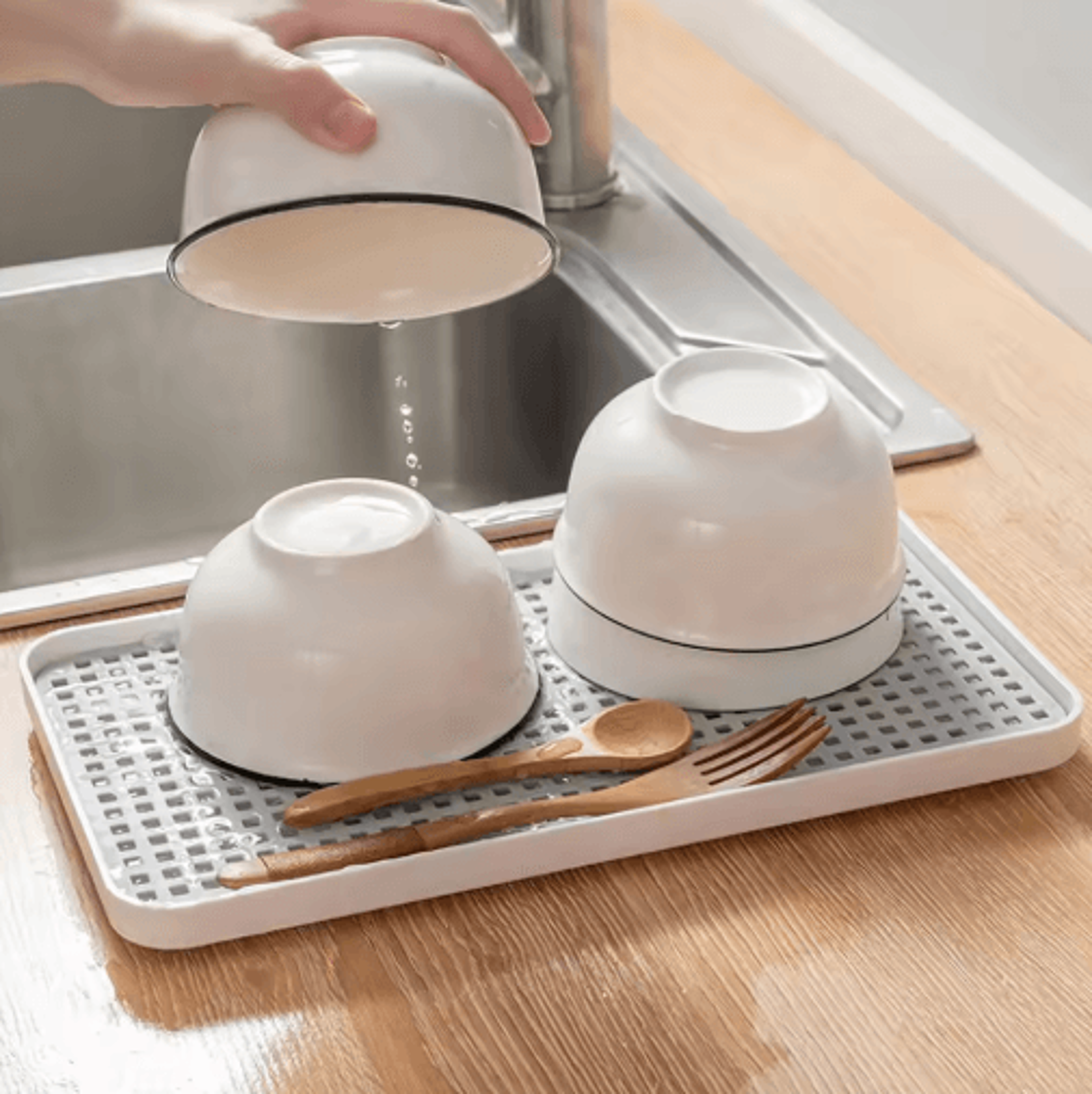 double-layer draining tray for bowls, cutlery & tea set organization