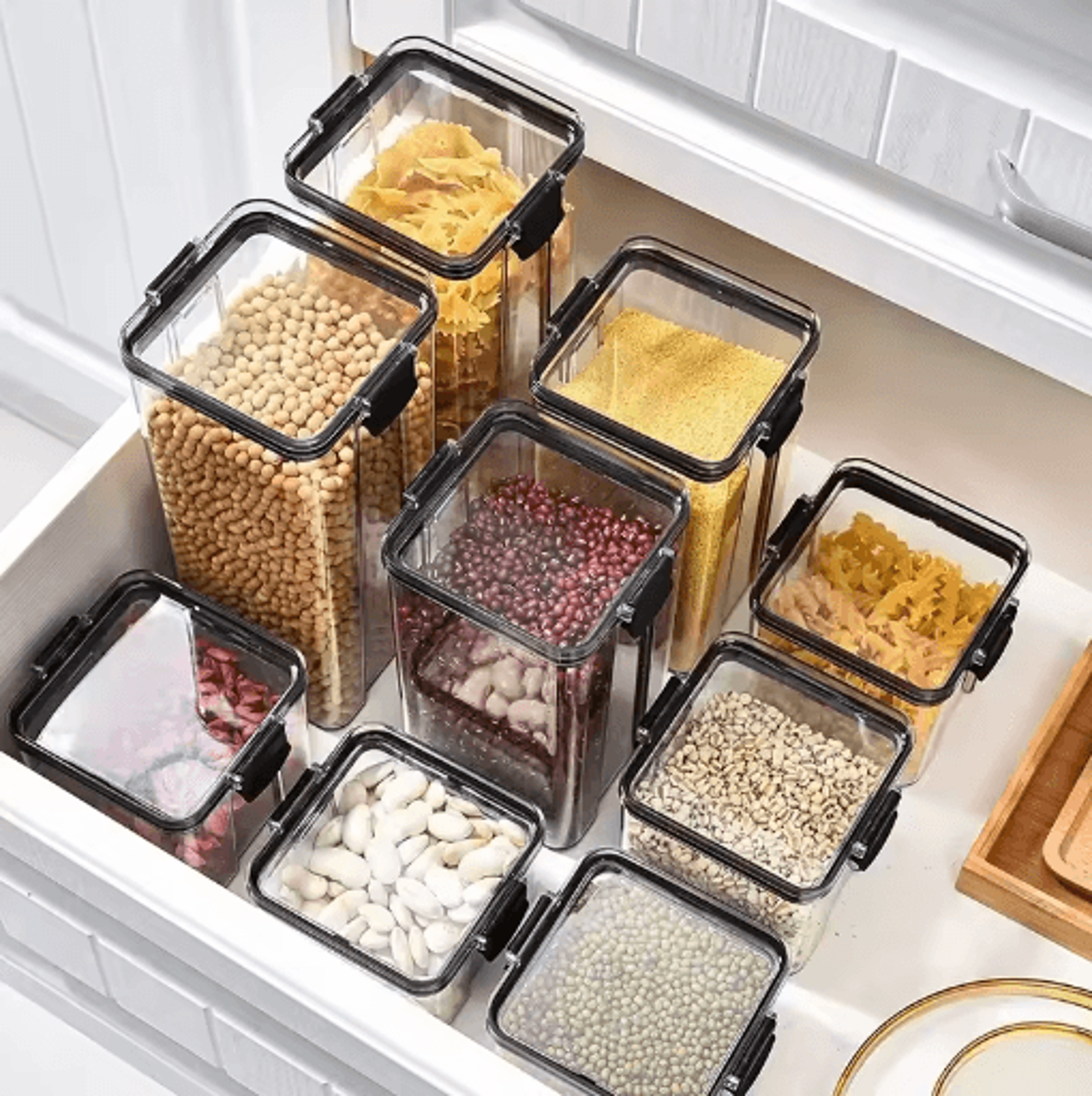 stackable airtight food storage container set for grains tea & pantry organization