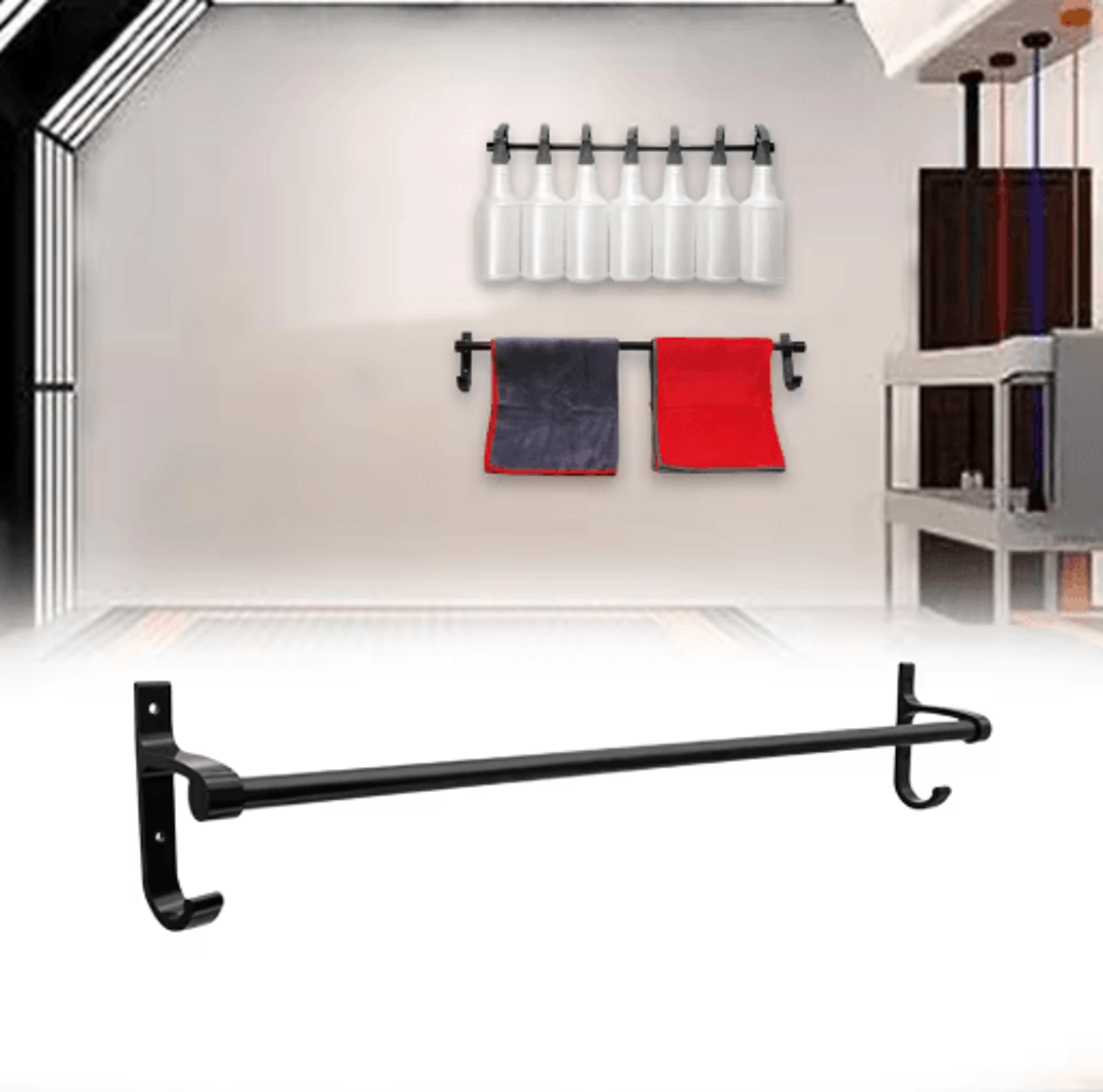 hanging spray bottle & towel rack for garage car detailing & home organization