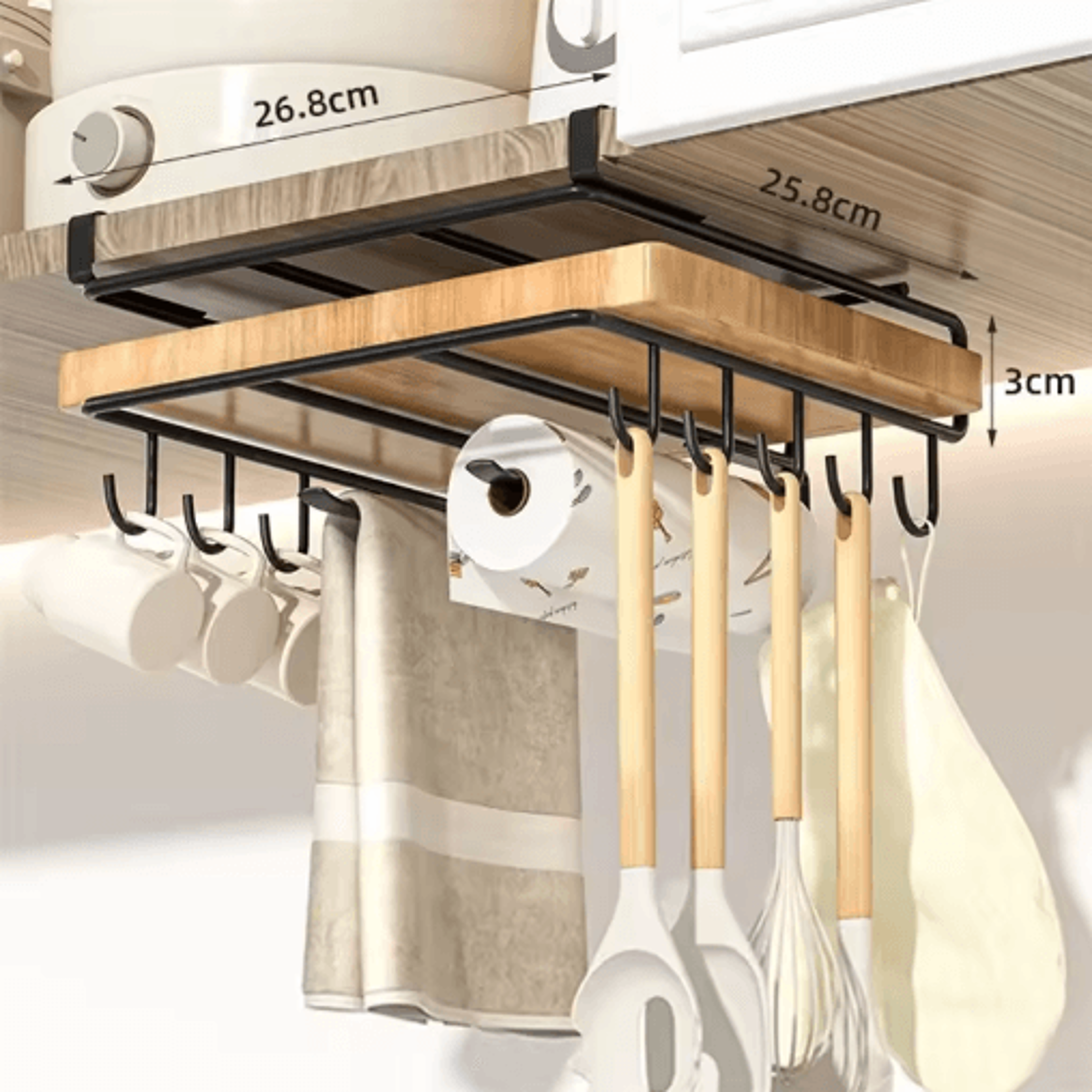 stainless steel kitchen hanging organizer rack with hooks, paper towel holder & cutting board storage