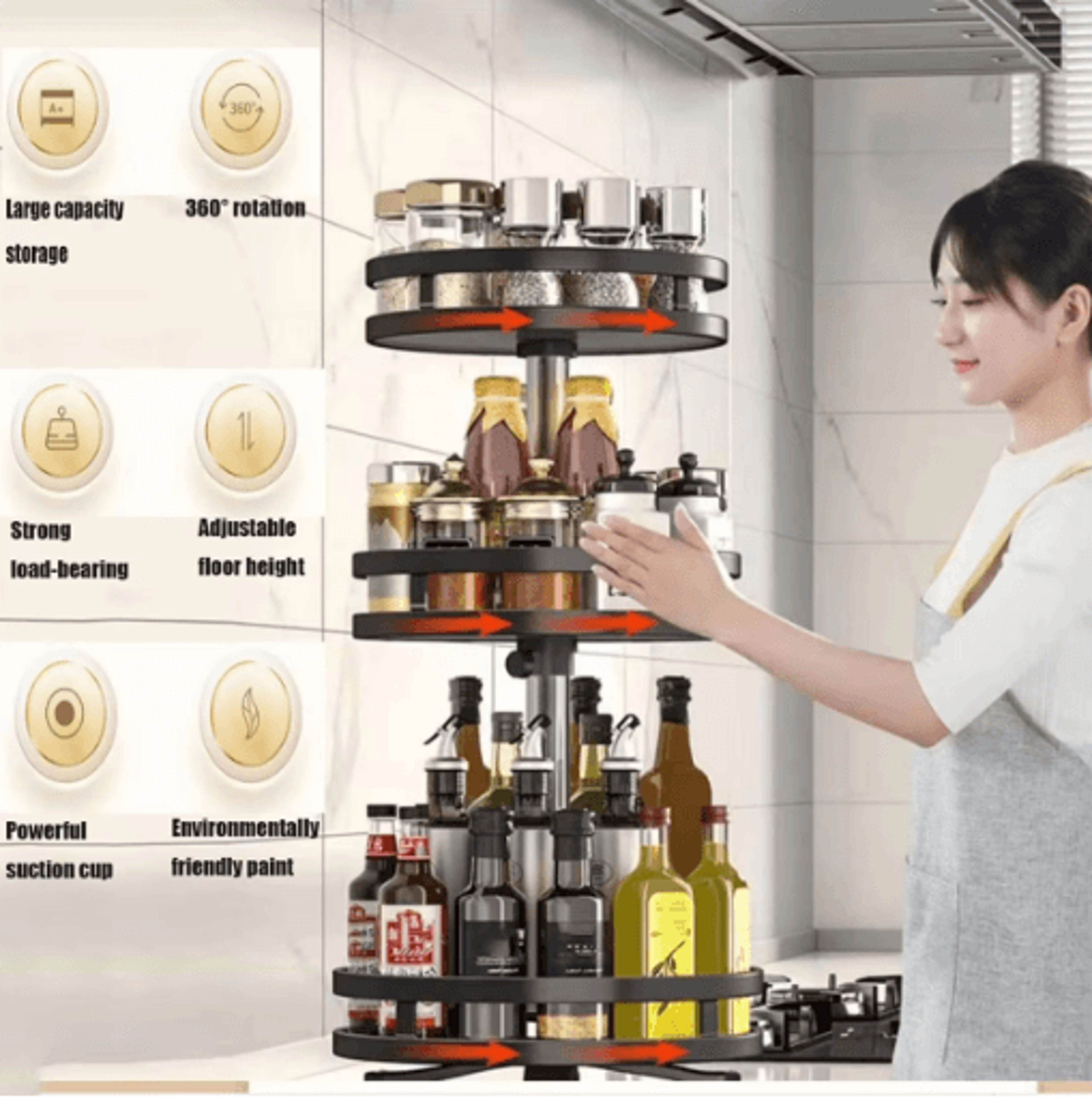 360° rotating carbon steel spice rack organizer non-skid kitchen storage tray