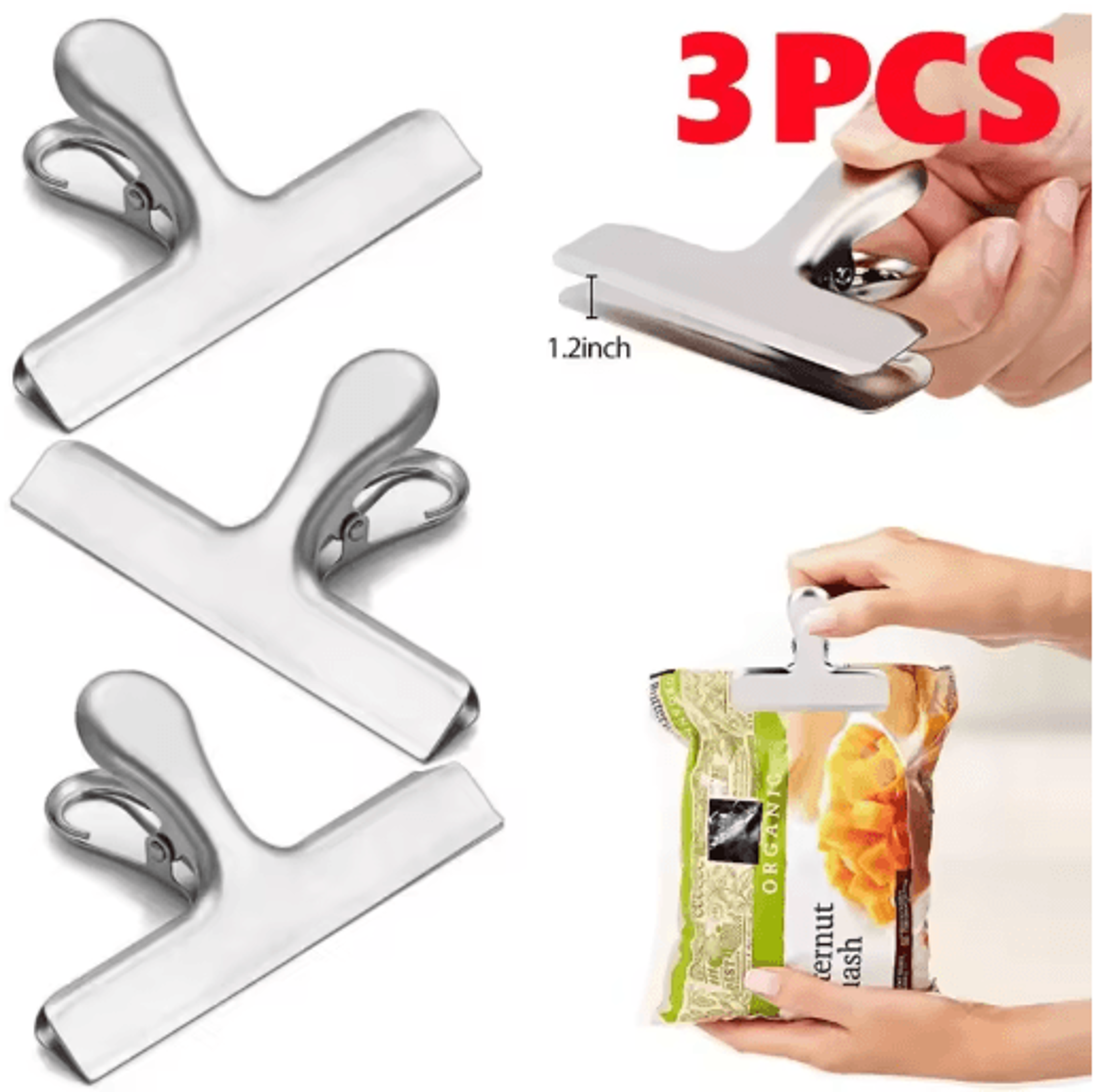 3-piece stainless steel food bag clips – heavy-duty airtight sealing clips