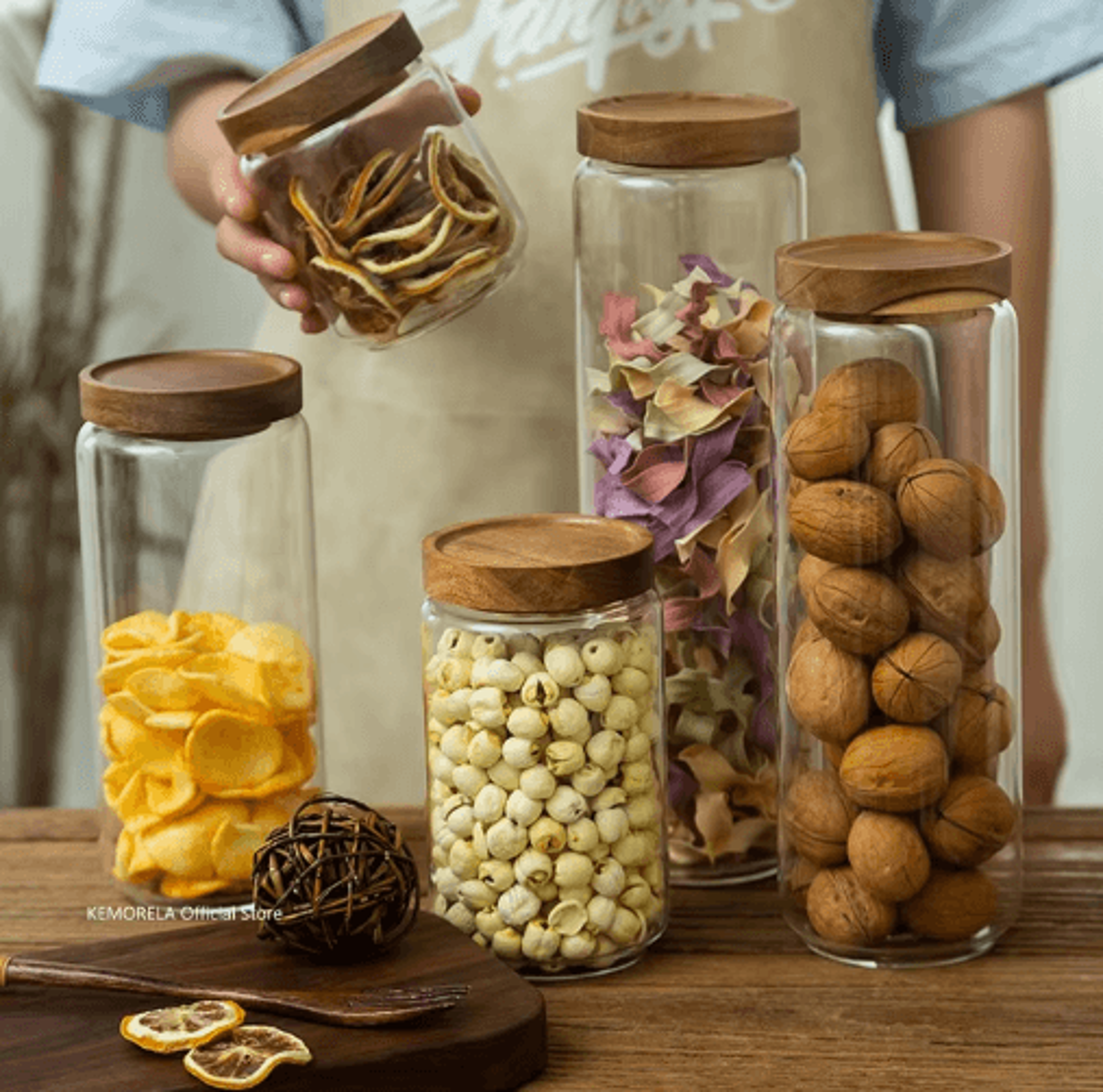 glass airtight storage jar with wooden lid – kitchen food canister for coffee, tea & grains