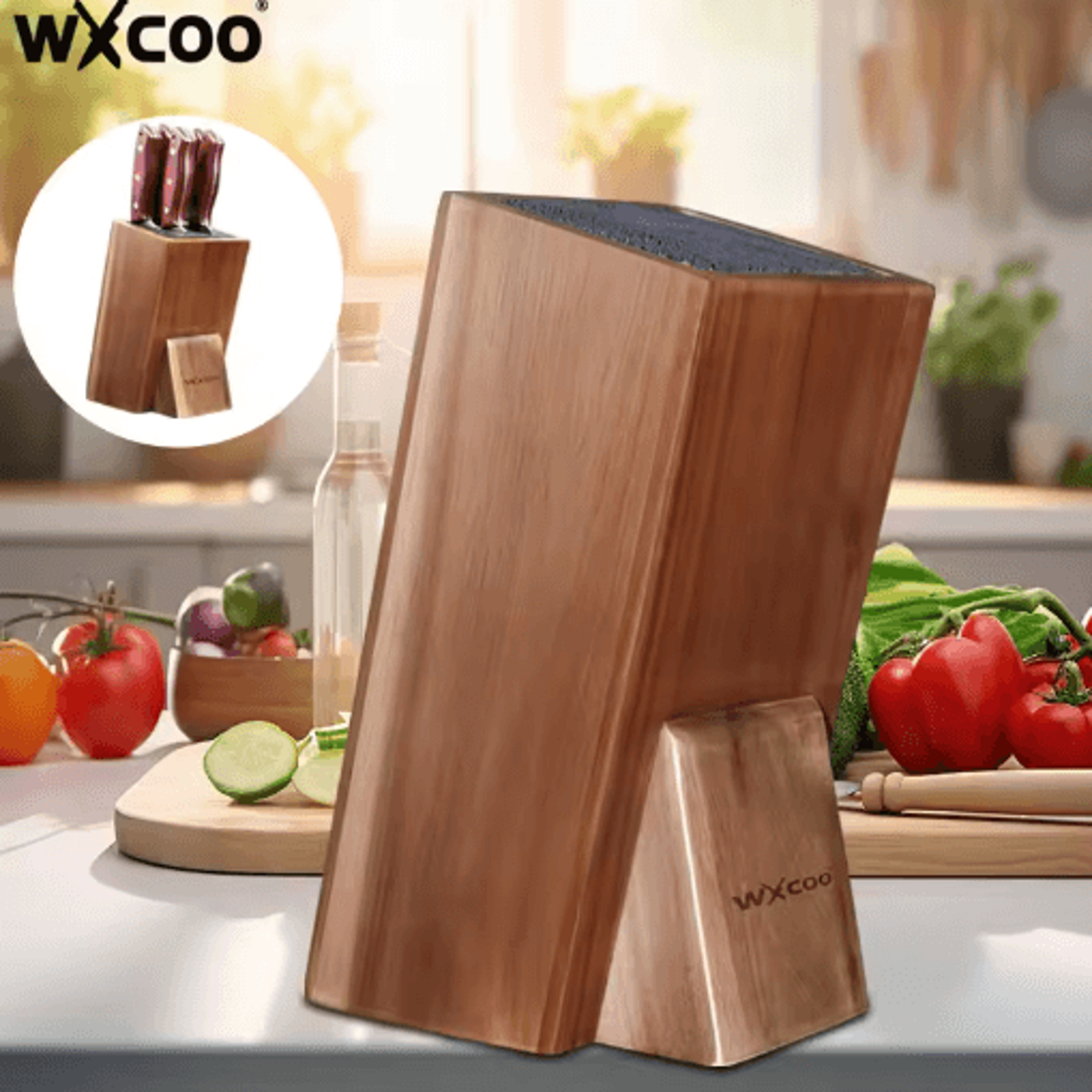 acacia wood universal knife block countertop knife holder with flexible bristles