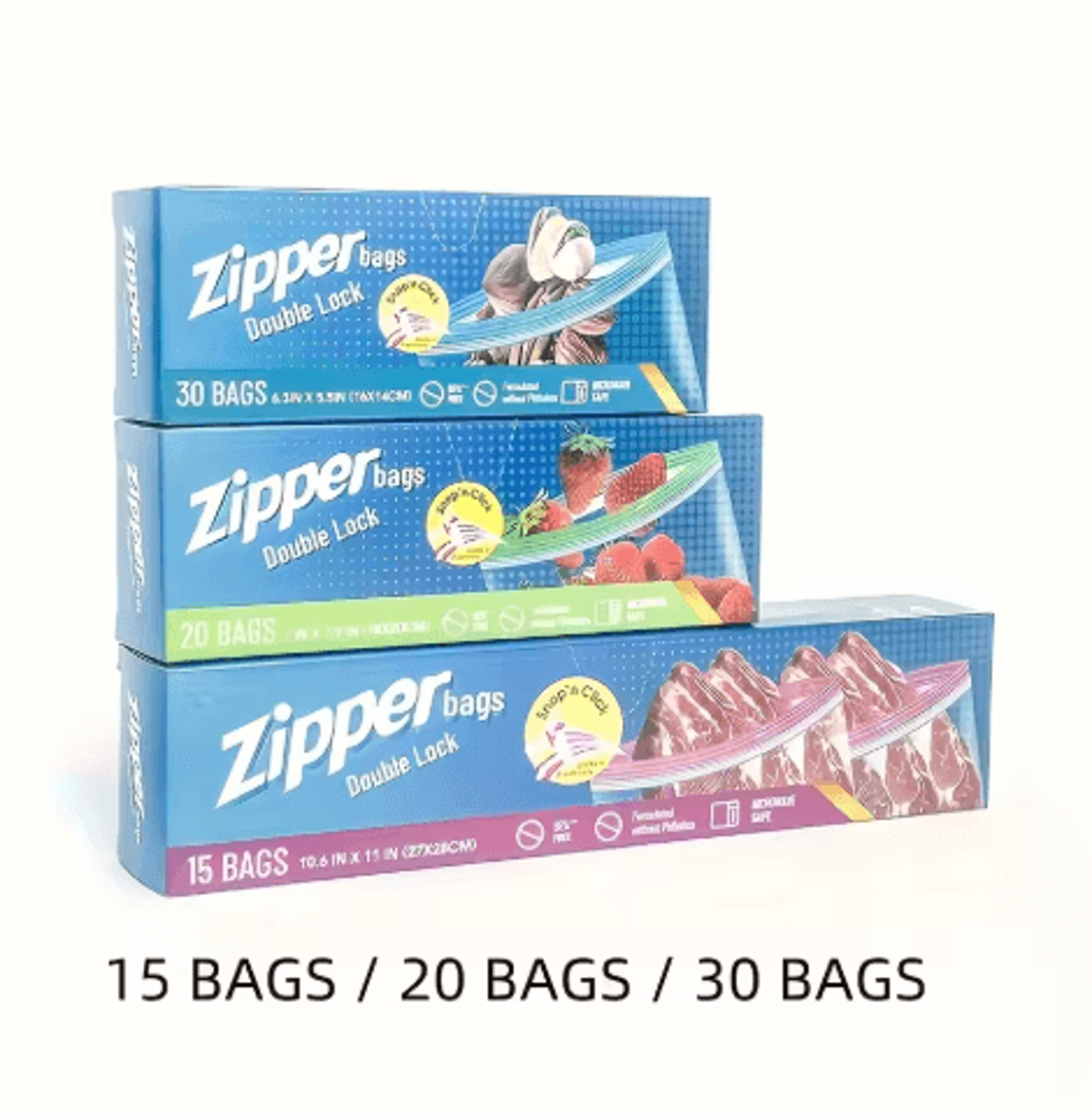 reusable double lock food storage bags leakproof freshness zipper bags 15 to 30 pcs