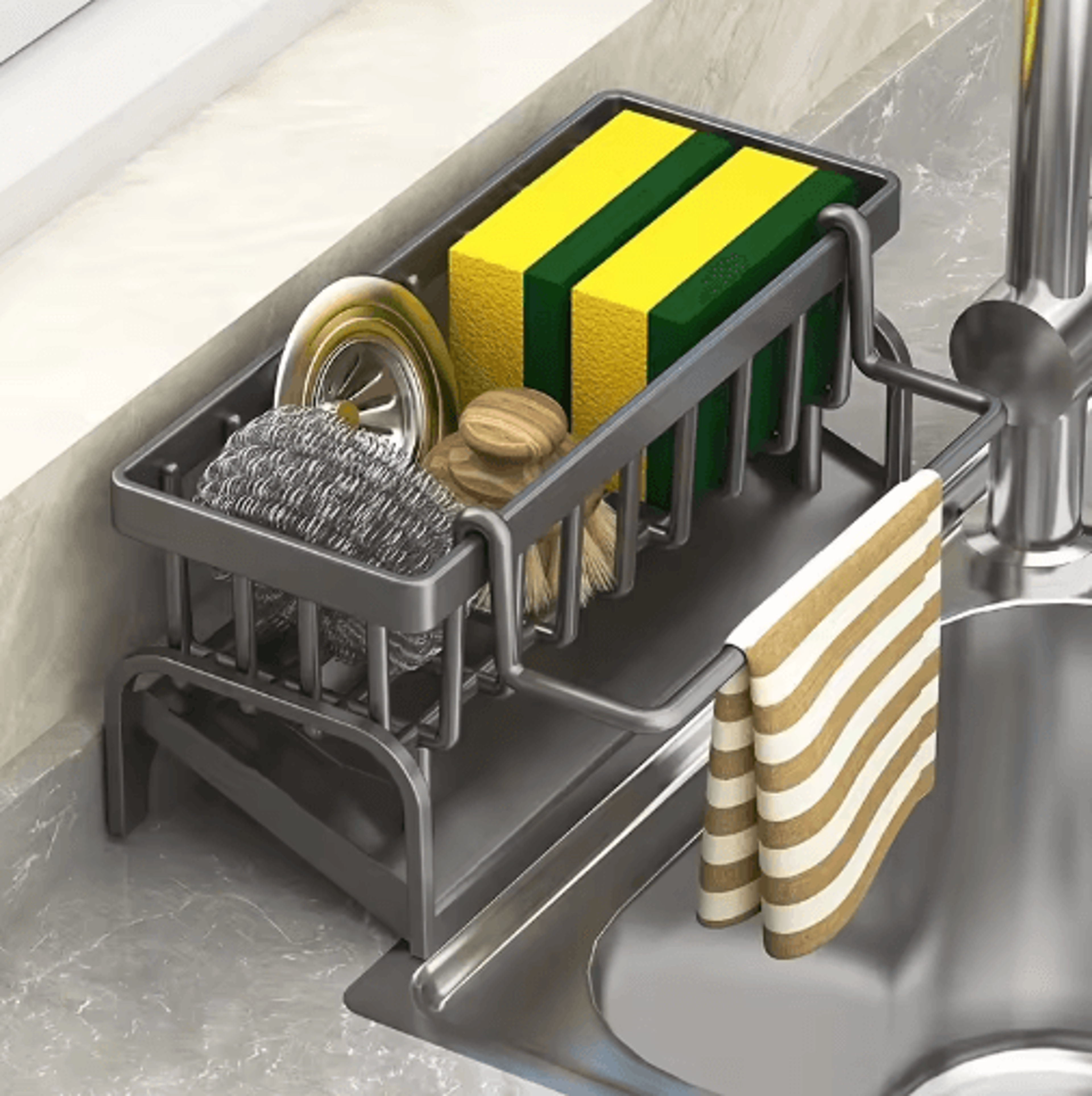 sink caddy organizer set – sponge drain rack with brush & detergent holder