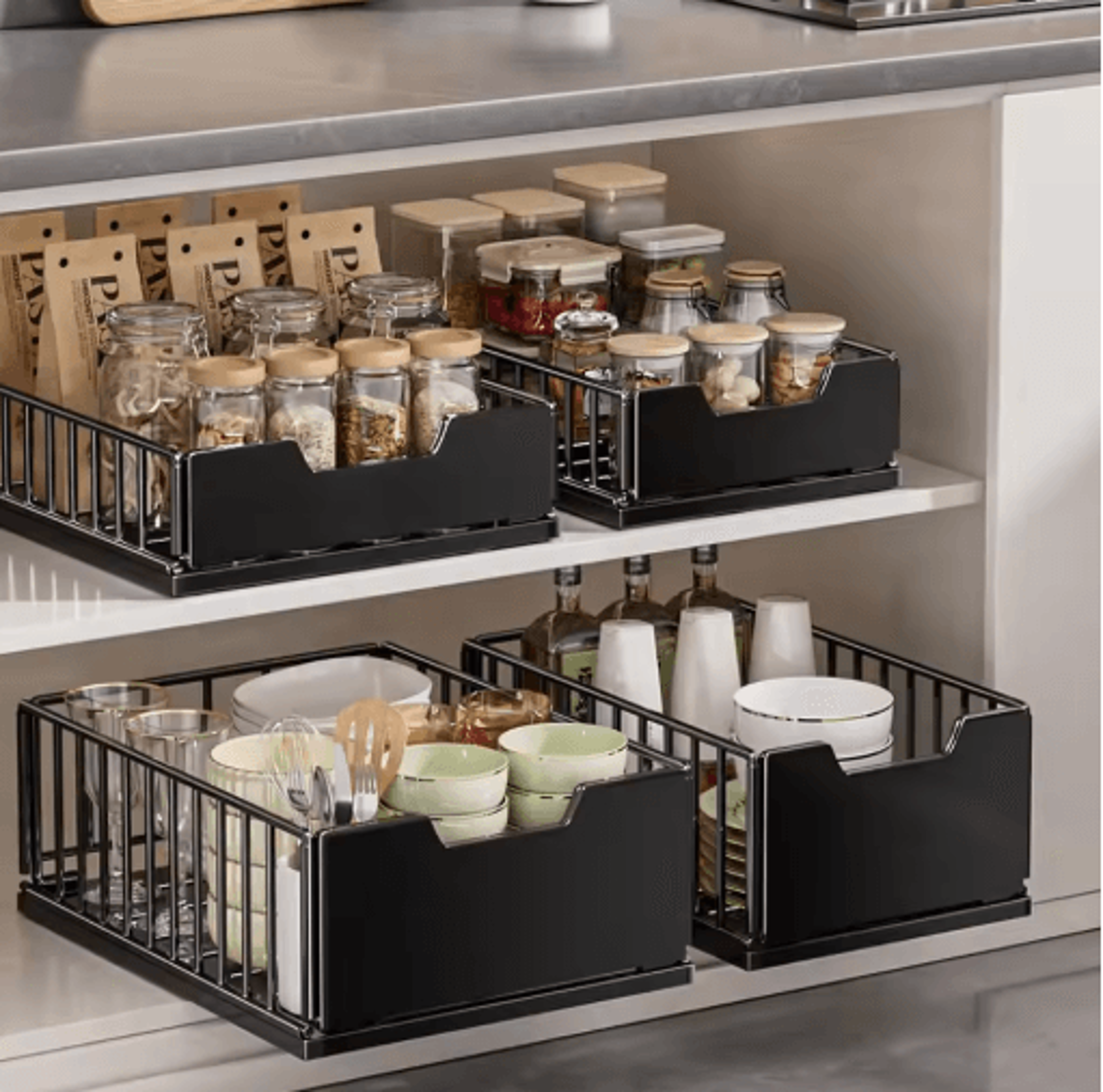 pull out cabinet organizer carbon steel slide out drawer organizer for kitchen & bathroom cabinets
