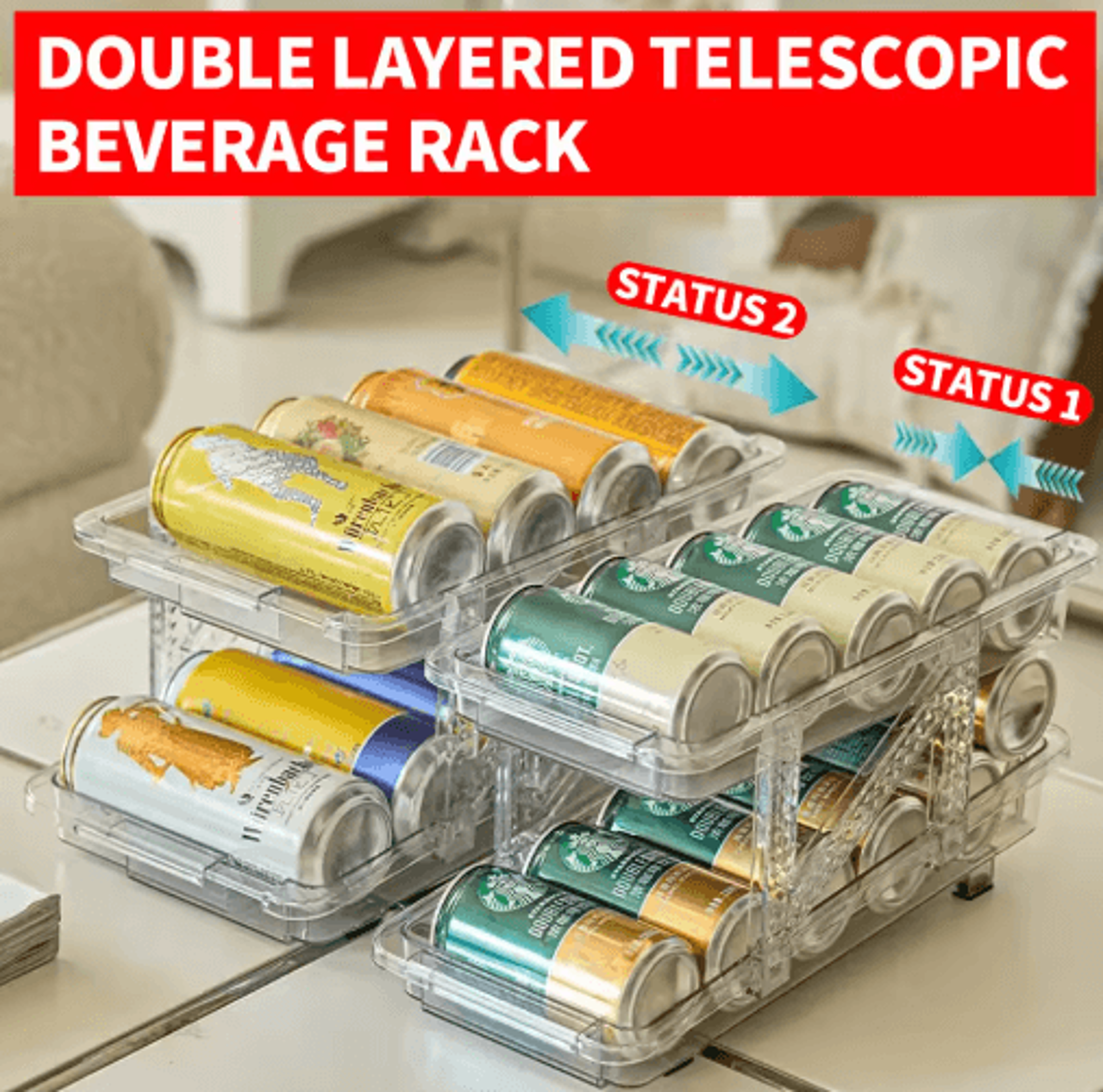 double-layer stretchable can organizer – transparent beverage storage rack for refrigerator & pantry