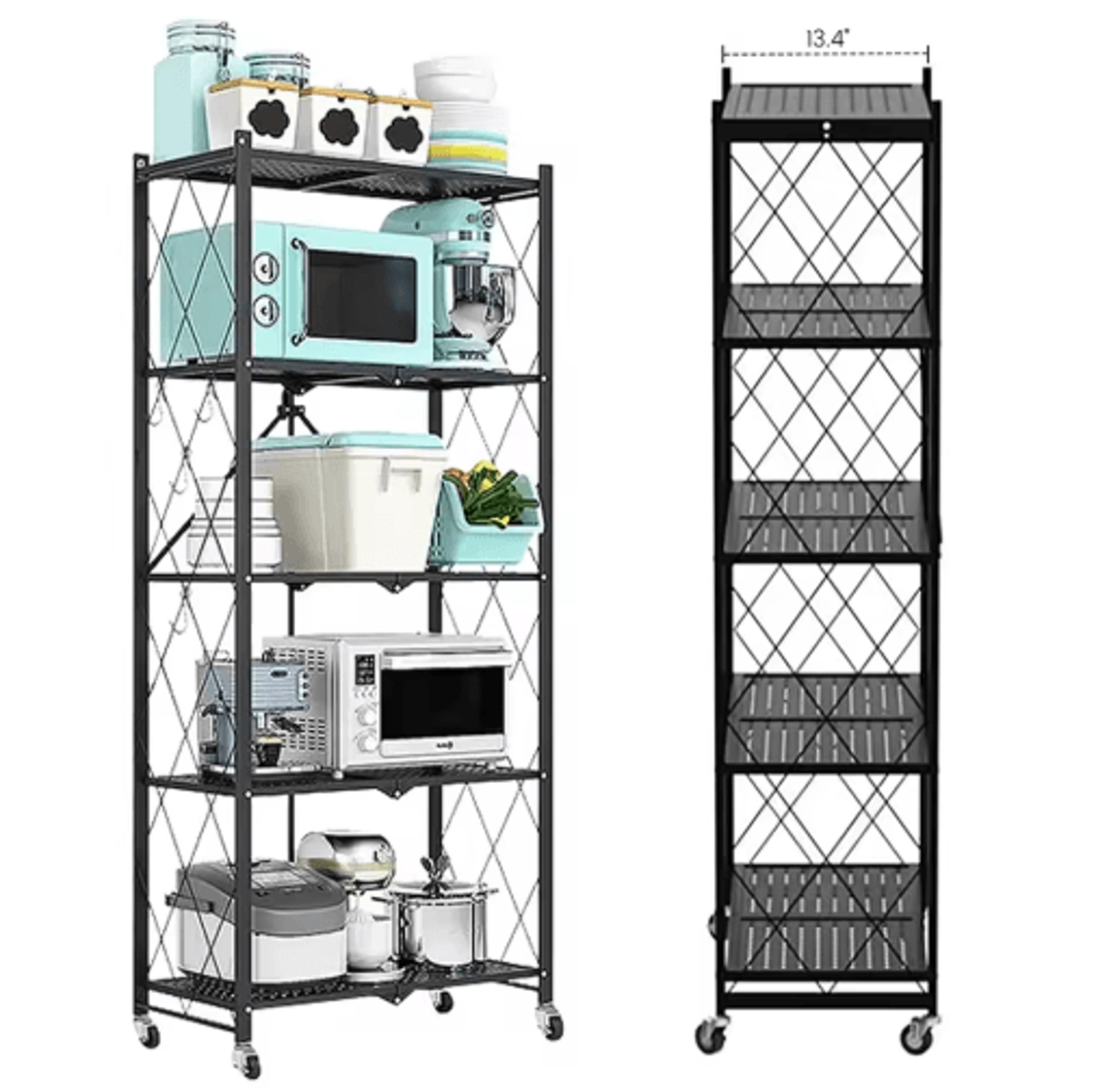 5-tier heavy duty metal storage shelf with wheels – foldable rolling shelving unit for home, kitchen & office