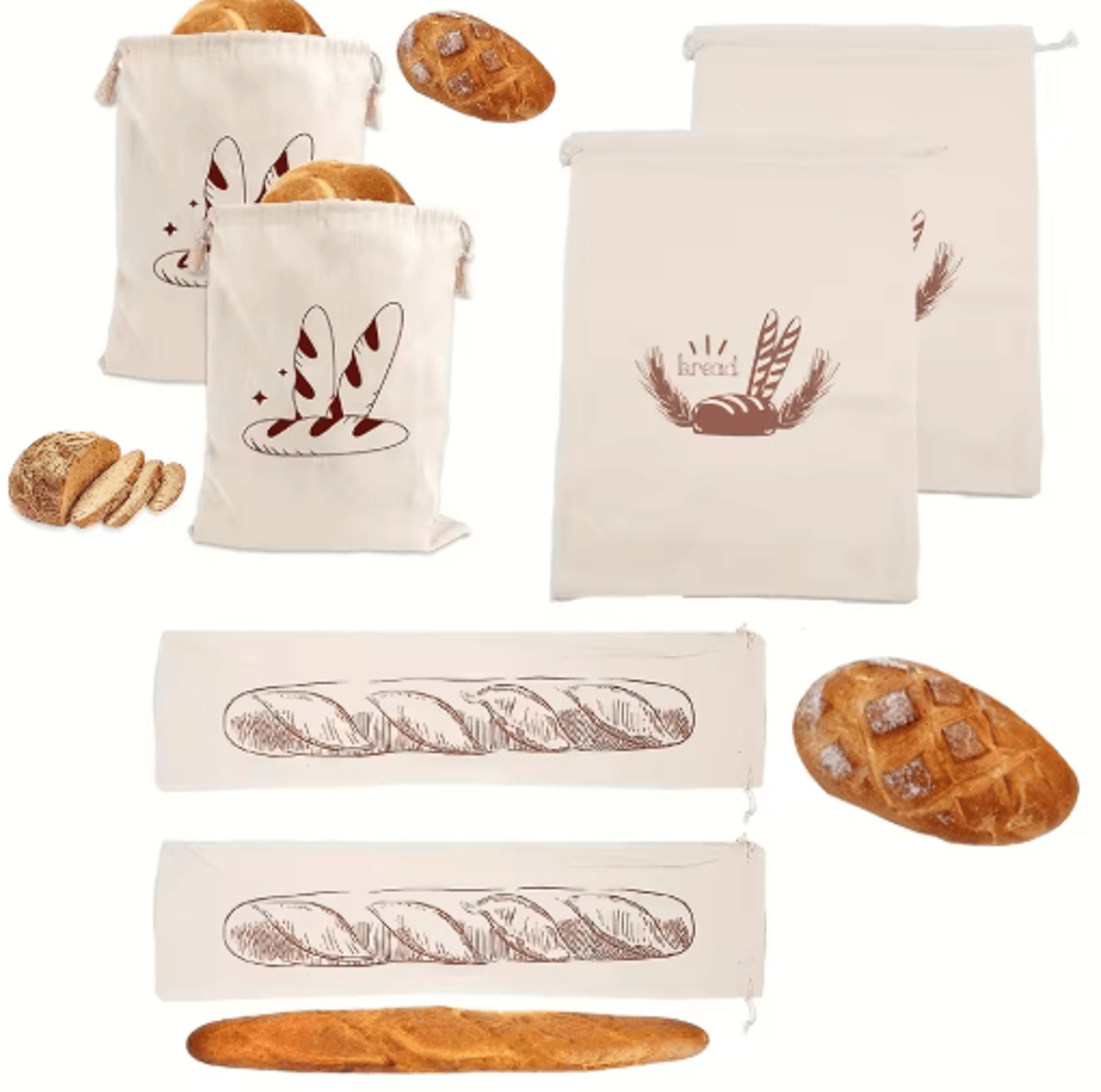 reusable linen bread bag – cotton drawstring baguette & homemade loaf storage bag