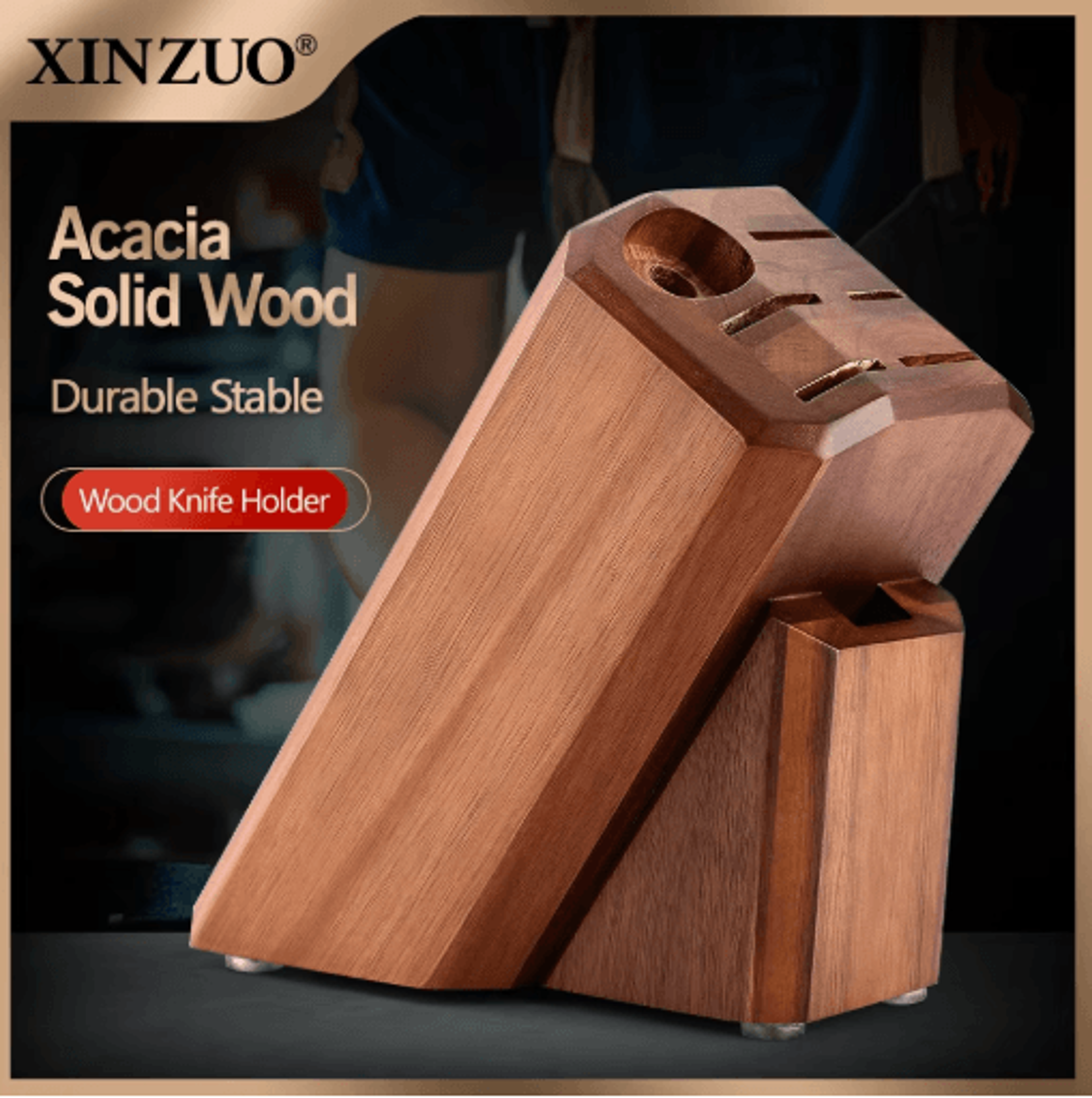 xinzuo acacia wood knife block – 8-slot kitchen knife holder & countertop organizer