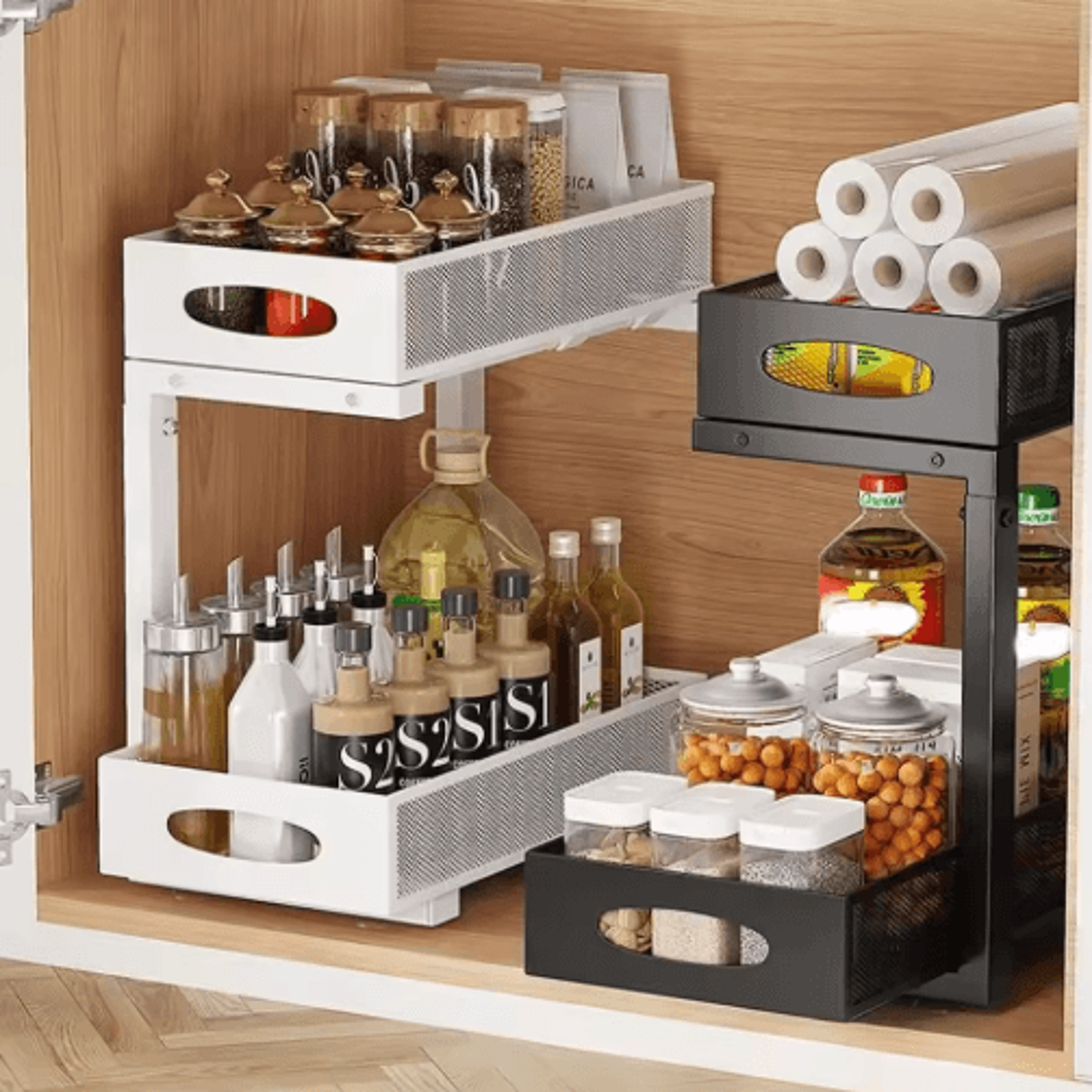 2-tier adjustable under sink organizer pull out sliding drawer storage for kitchen & bathroom cabinets