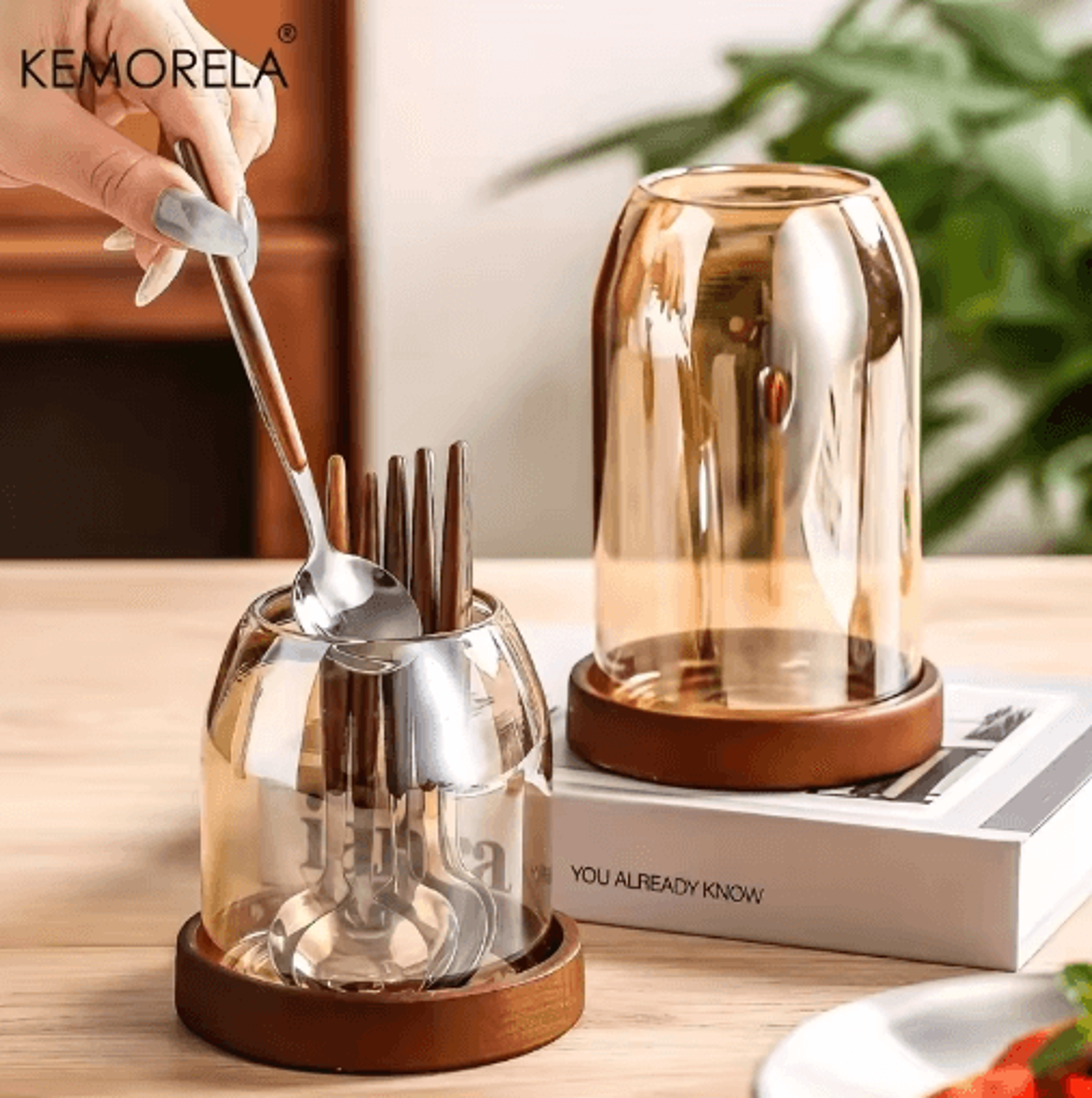 kemorela utensil holder with drain tray chopstick knife & cutlery organizer for kitchen countertops
