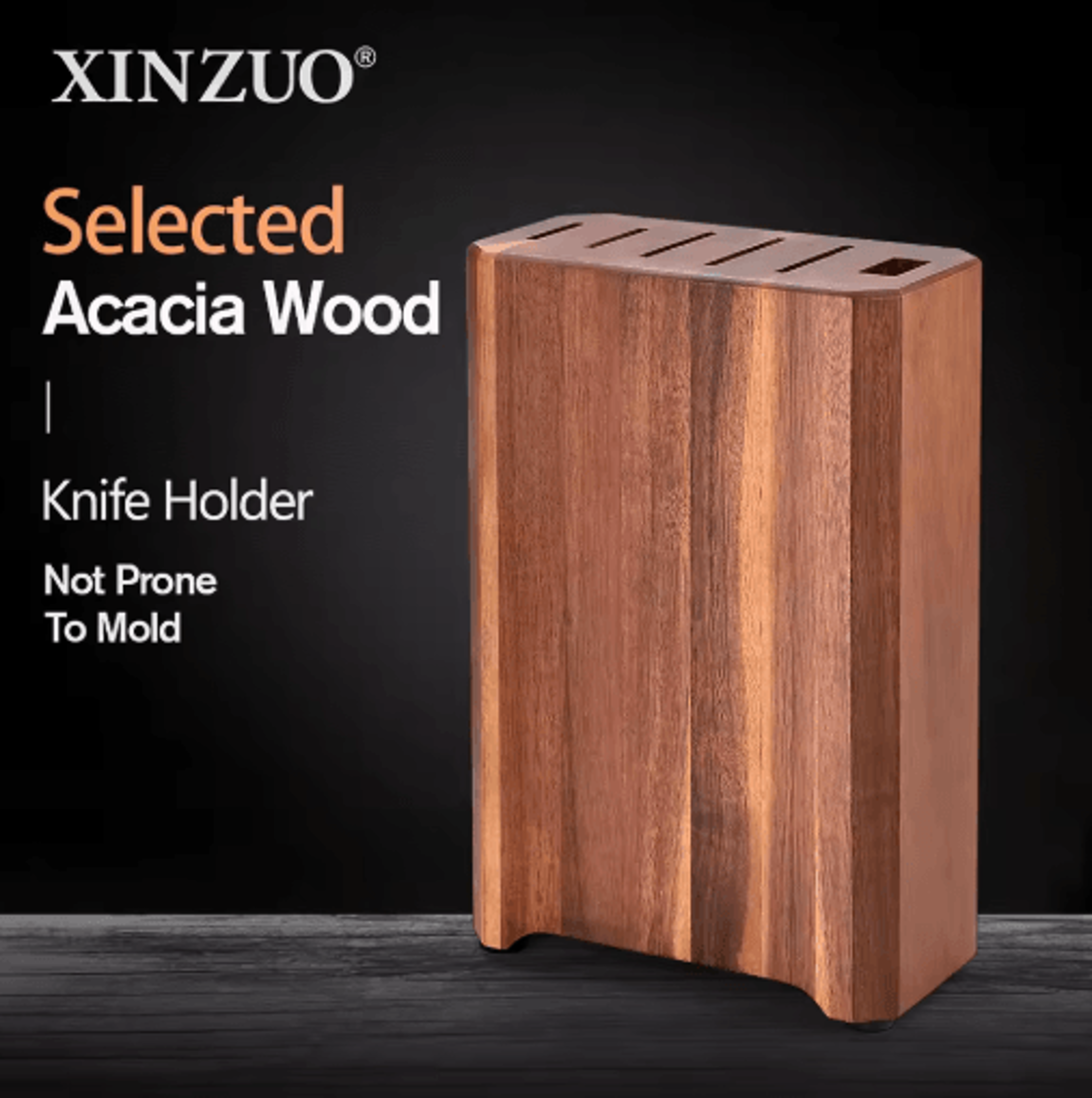 xinzuo acacia wood knife block multi-functional 6-slot kitchen knife holder & organizer