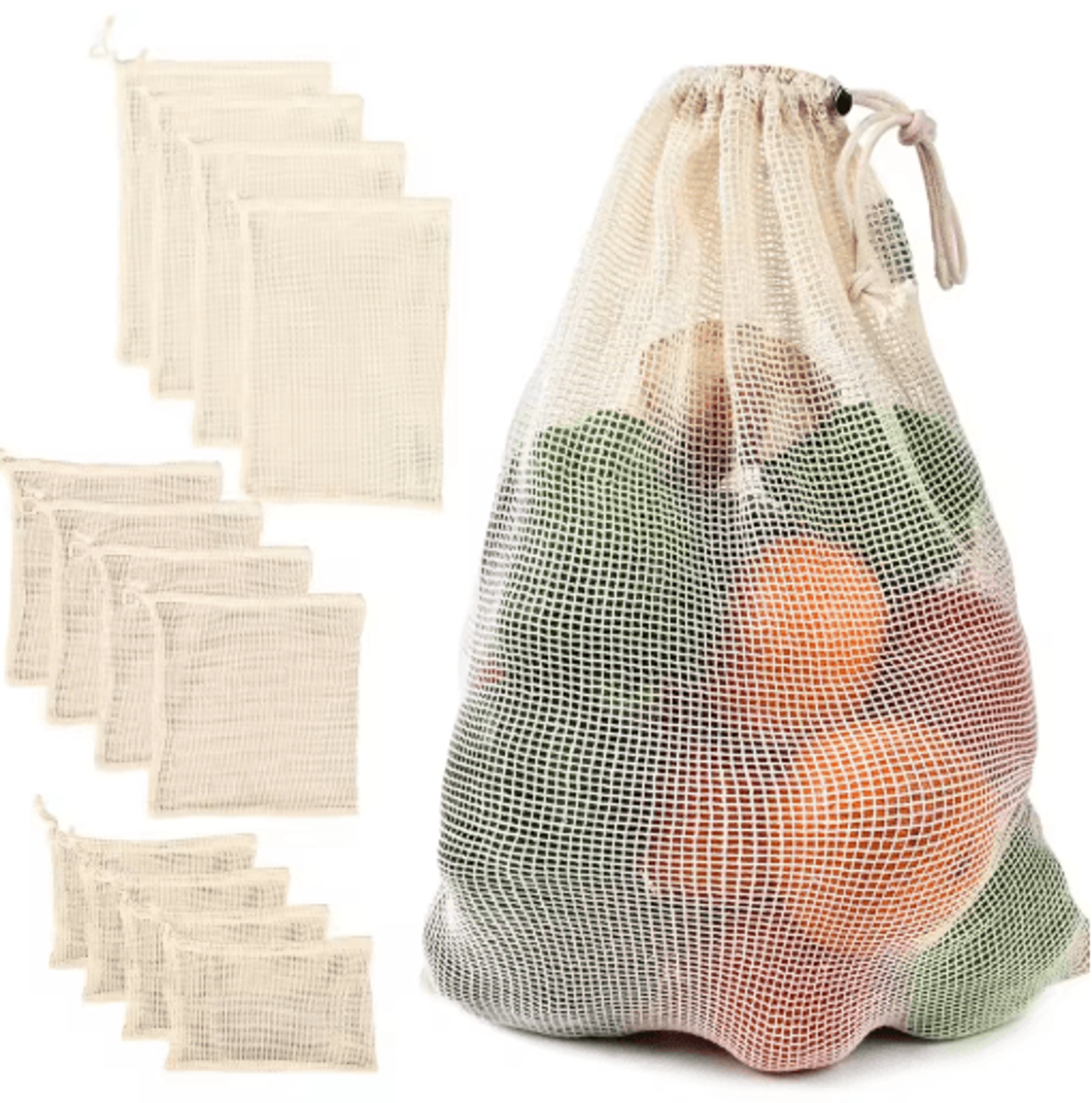 reusable cotton mesh produce bags drawstring vegetable & fruit storage bags for kitchen and grocery shopping
