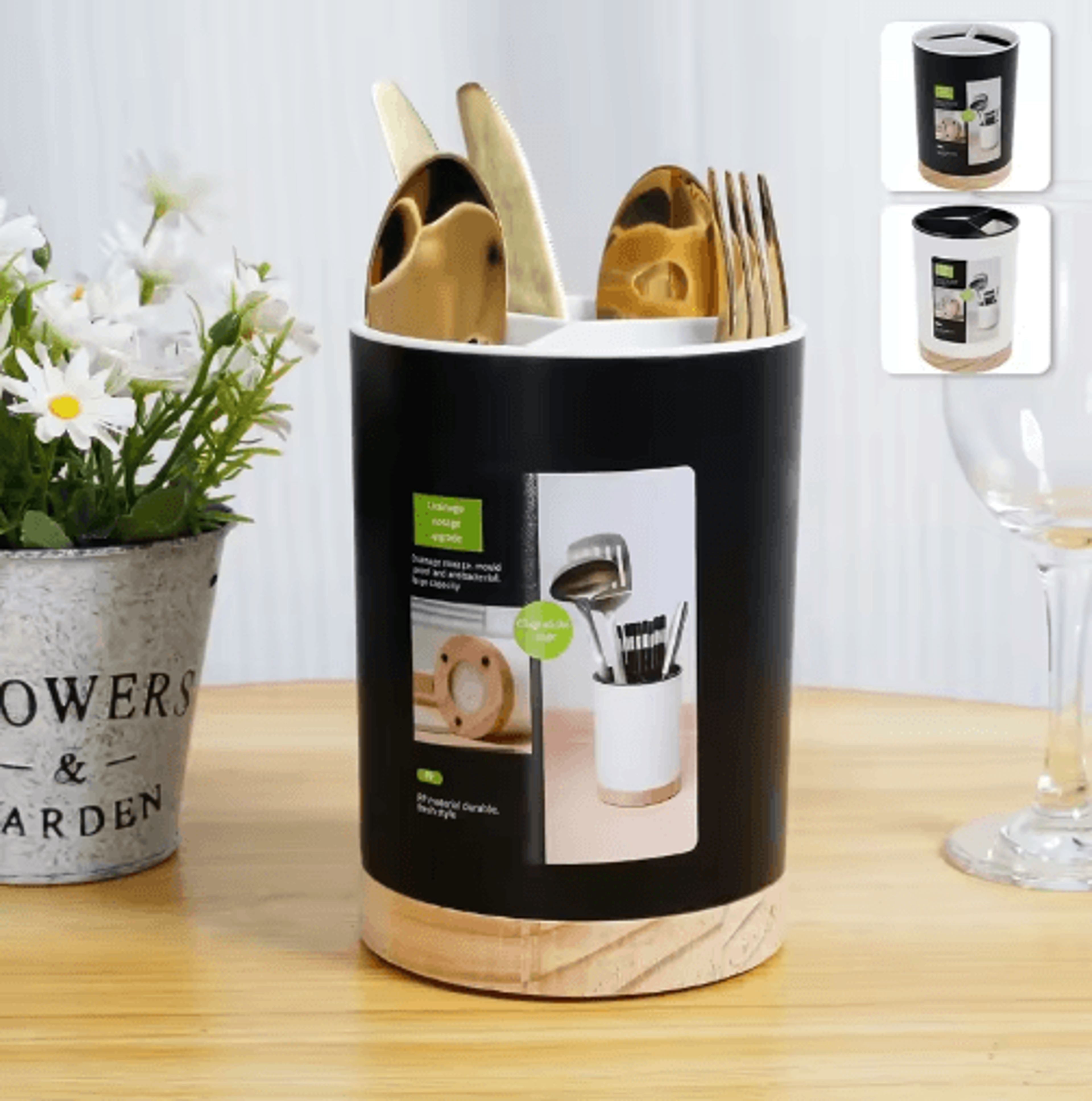 360° rotating kitchen utensil holder – 3-grid cutlery organizer with removable divider & drain tray