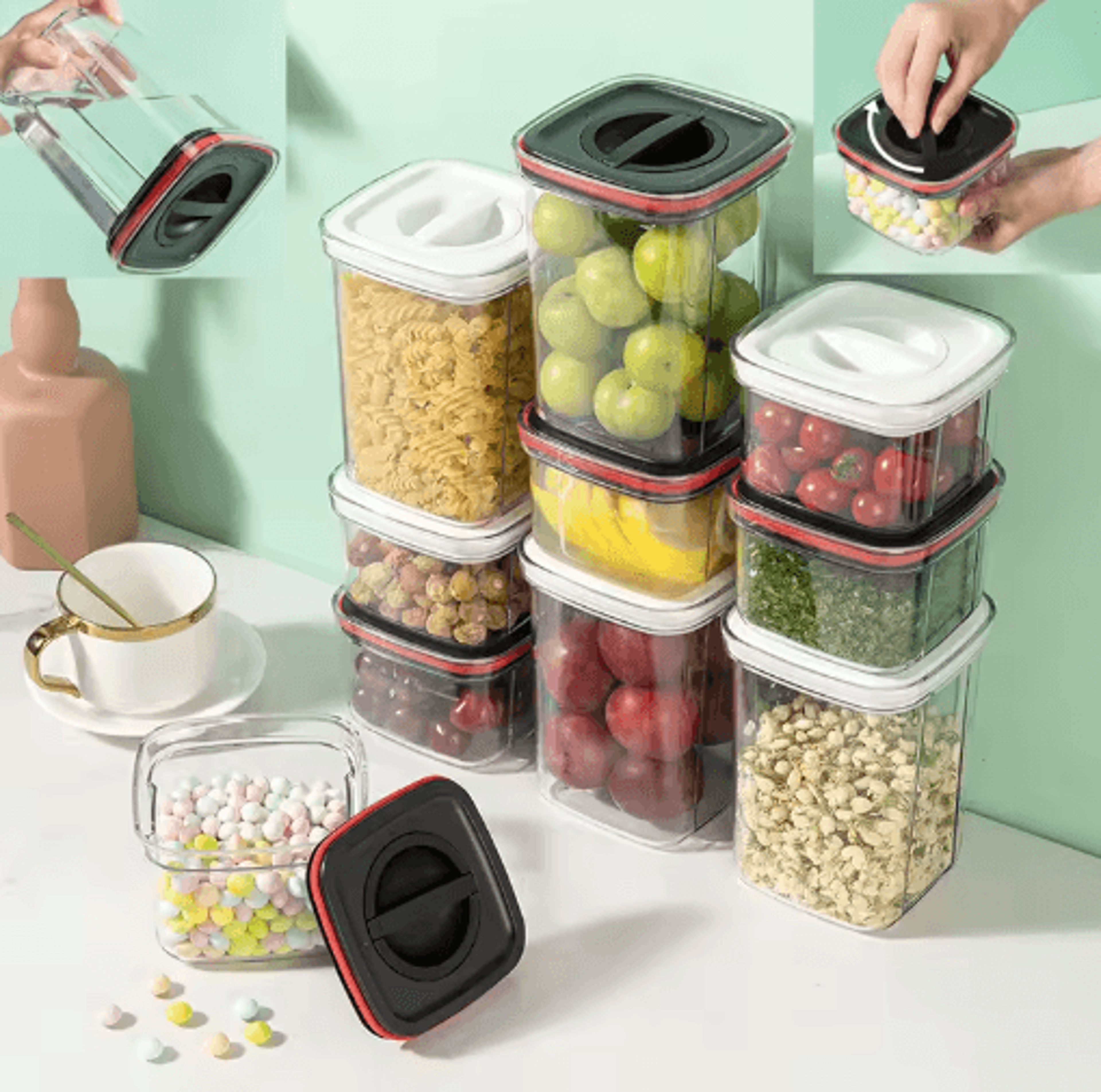 rotating lid airtight food storage jar – stackable transparent grain & pantry organizer