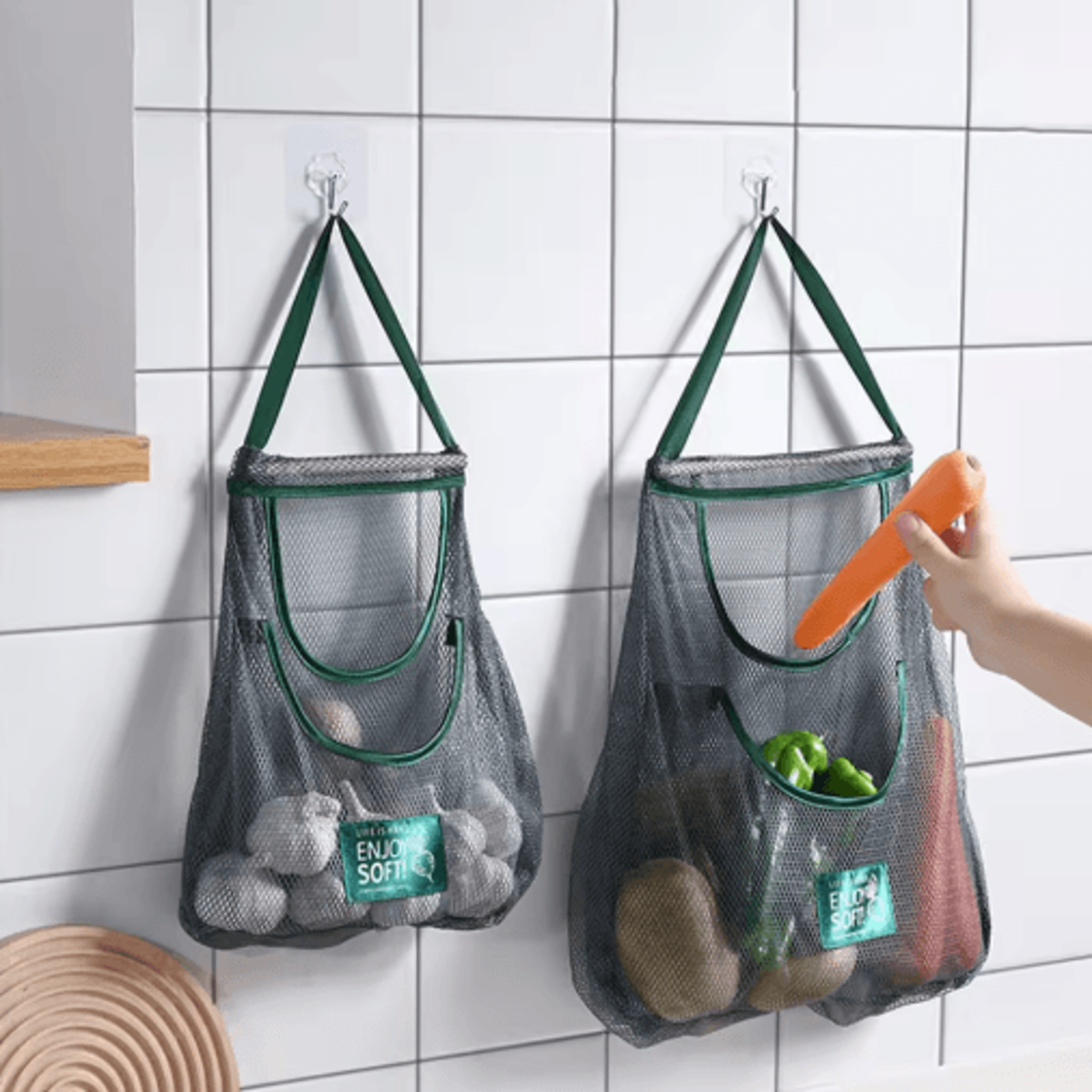 lazy corner hanging produce storage bag – wall-mounted garlic, onion & vegetable mesh organizer