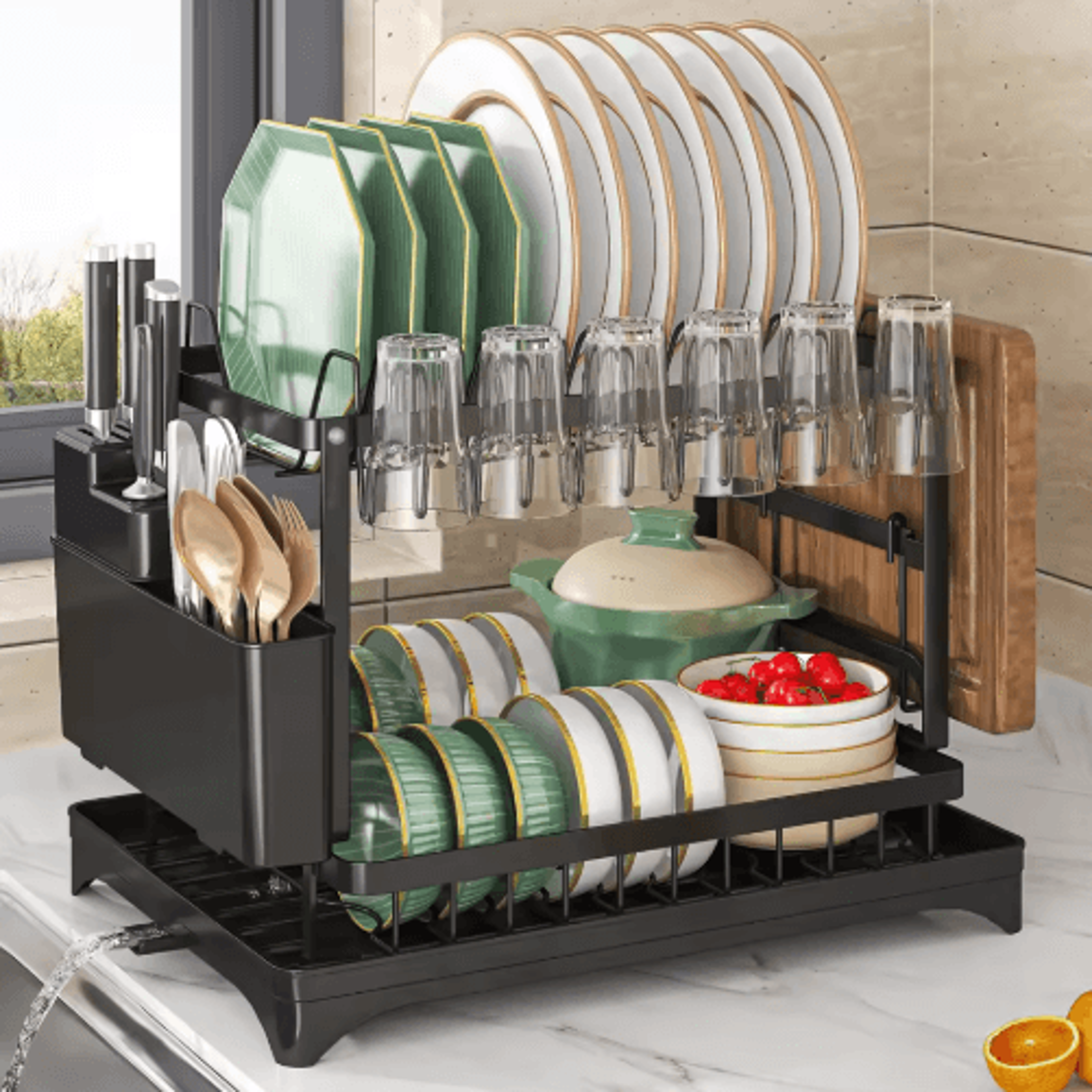 2 tier dish drying rack with drain tray cutlery holder & cup storage for kitchen countertops