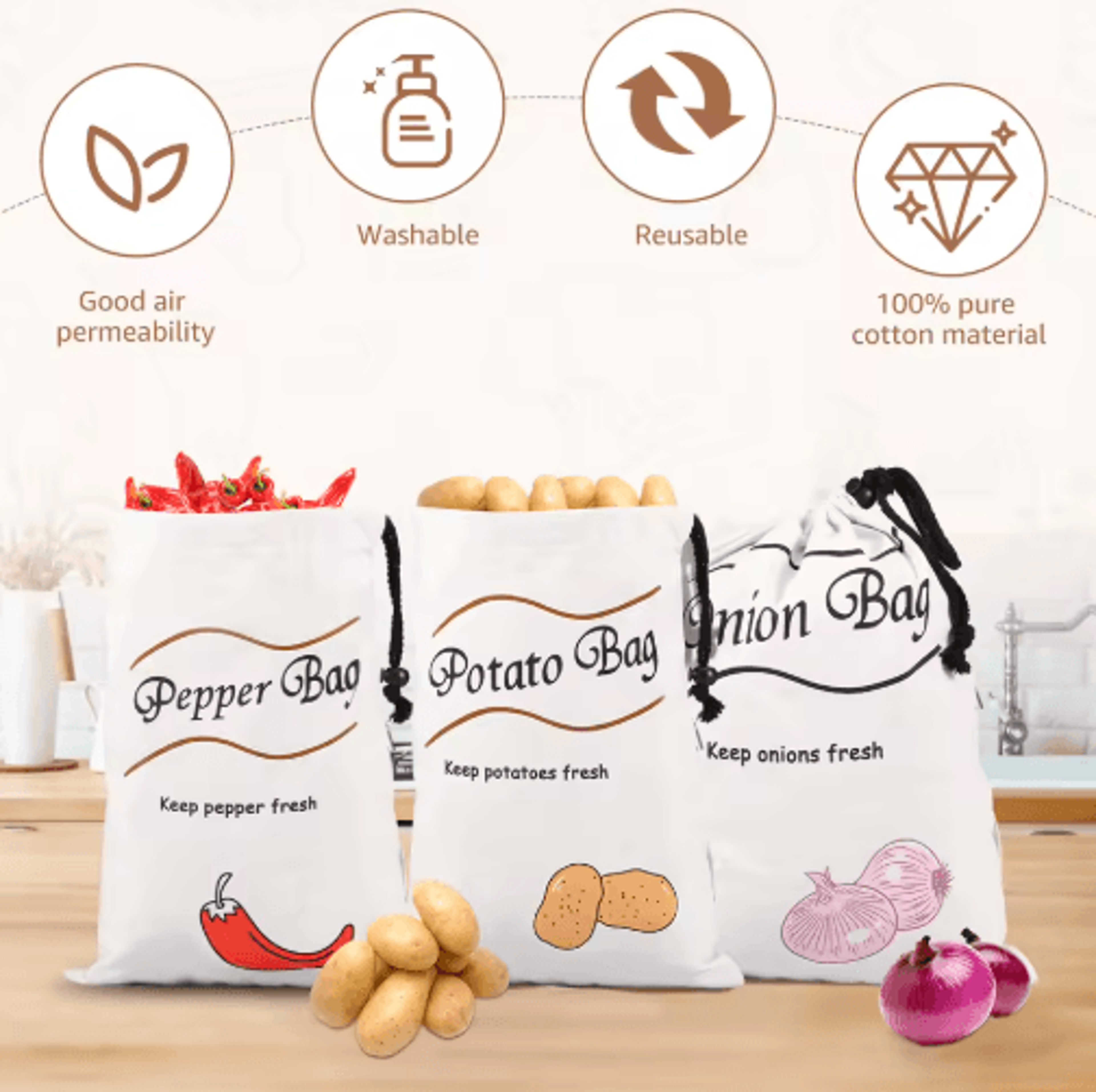 reusable potato & onion storage bags with bidirectional drawstring – vegetable storage sacks (2/3pcs)