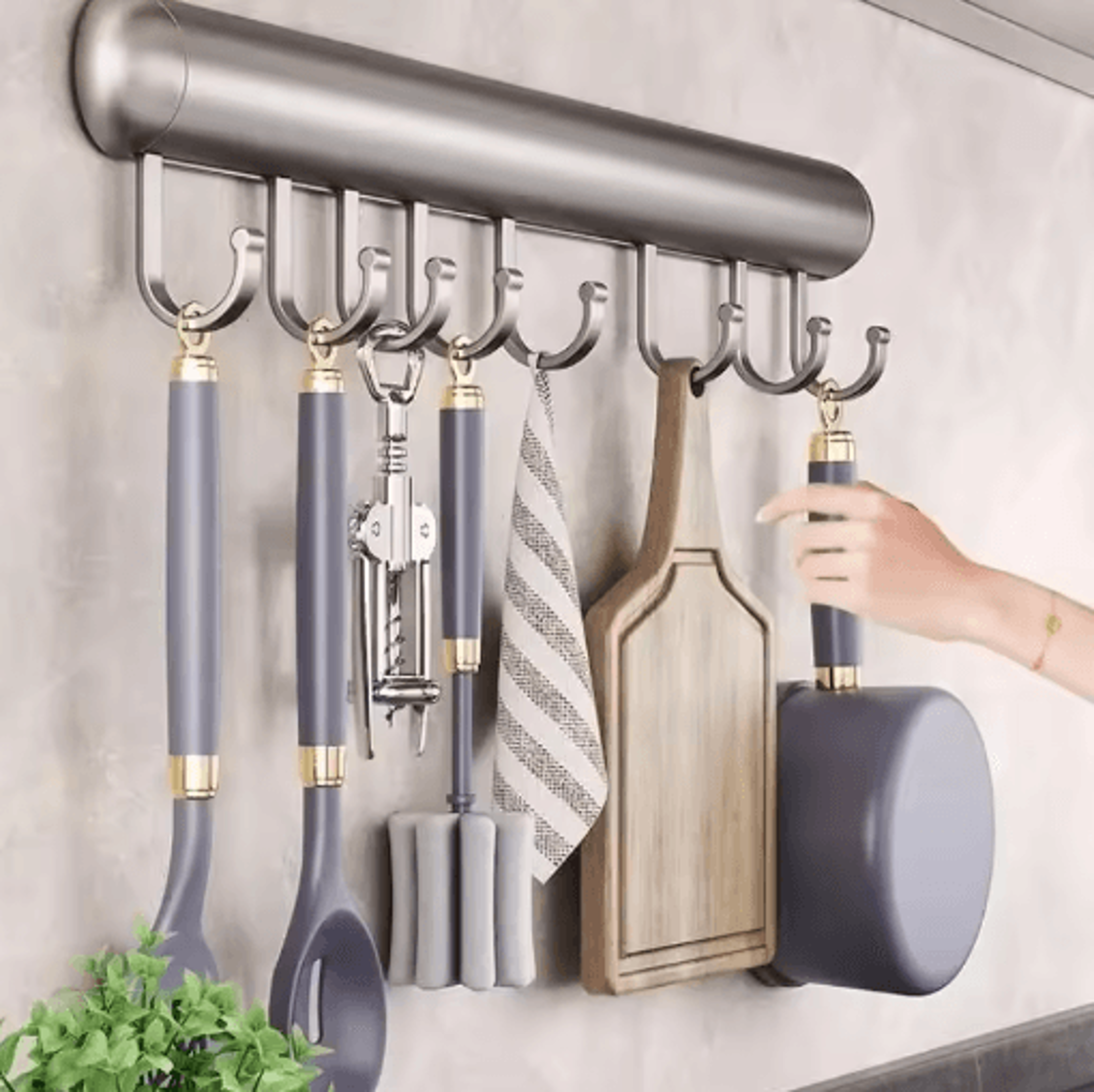 punch-free aluminum kitchen hook rack – wall-mounted utensil holder with removable hooks