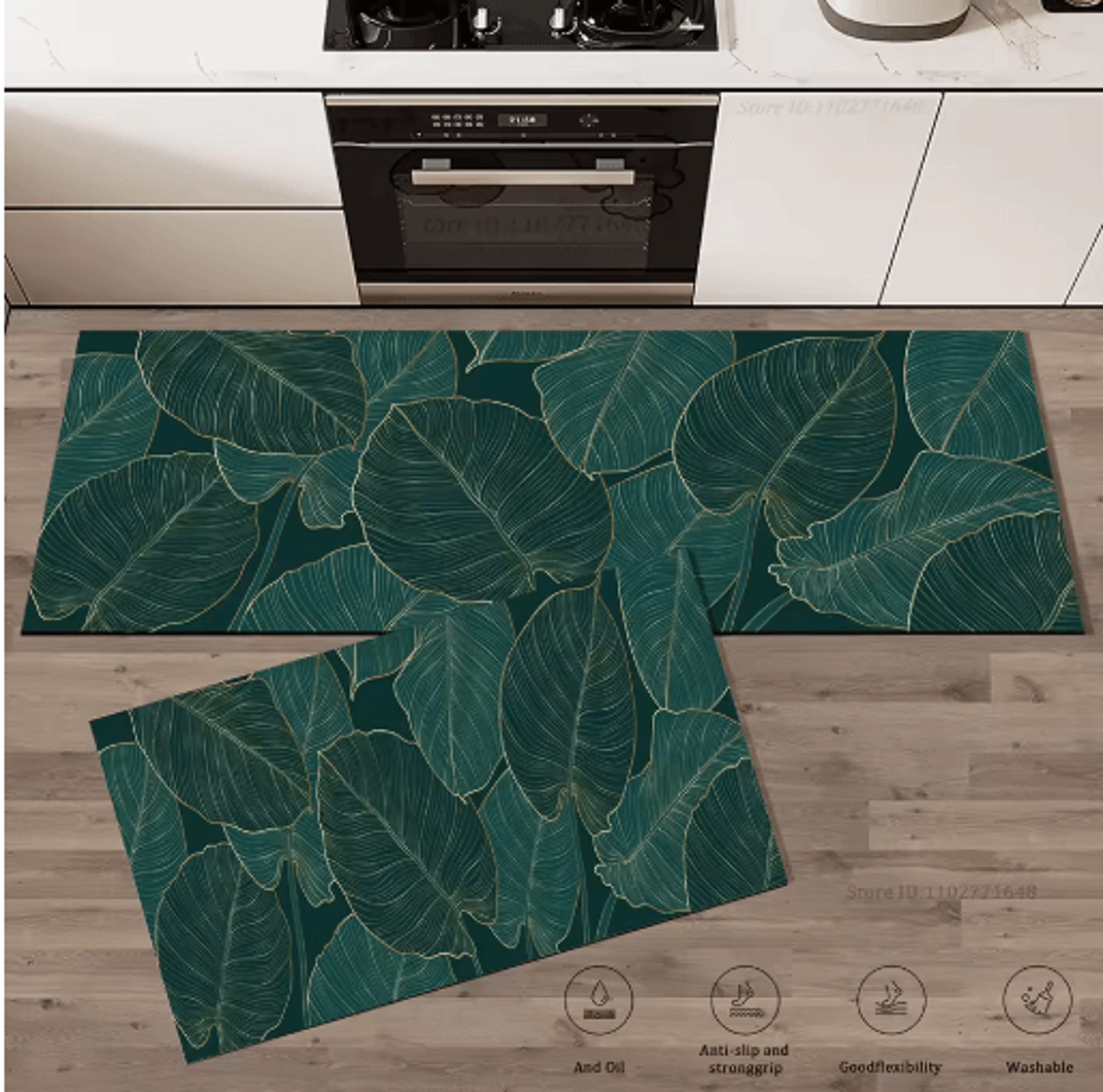 green leaves absorbent kitchen floor mat – non-slip washable rug for kitchen, bathroom & entryway