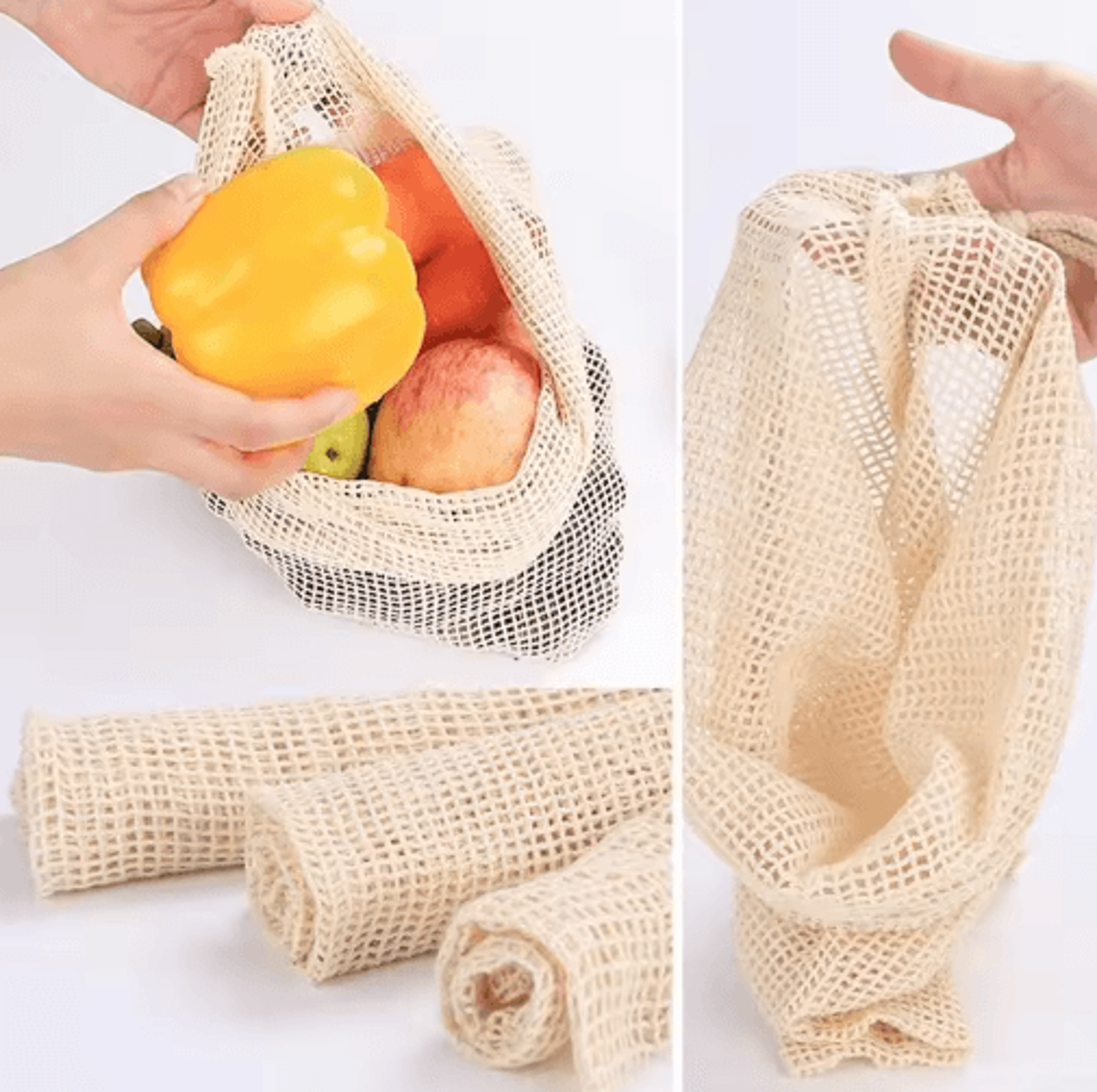 3-piece reusable cotton mesh produce bags – drawstring vegetable & fruit storage bags