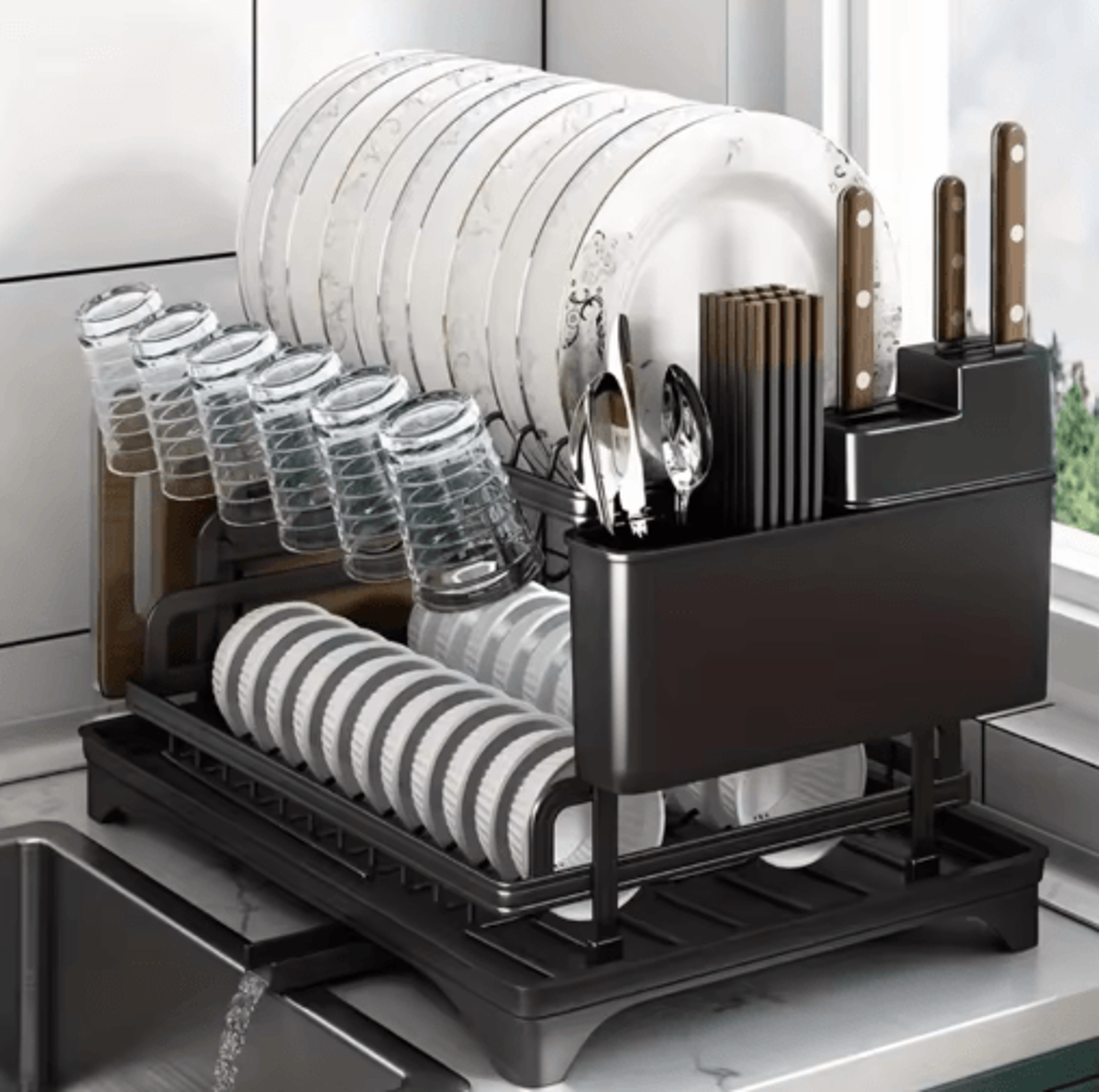 2 tier dish drying rack with cutlery holder – kitchen countertop bowl cup & tableware drainer