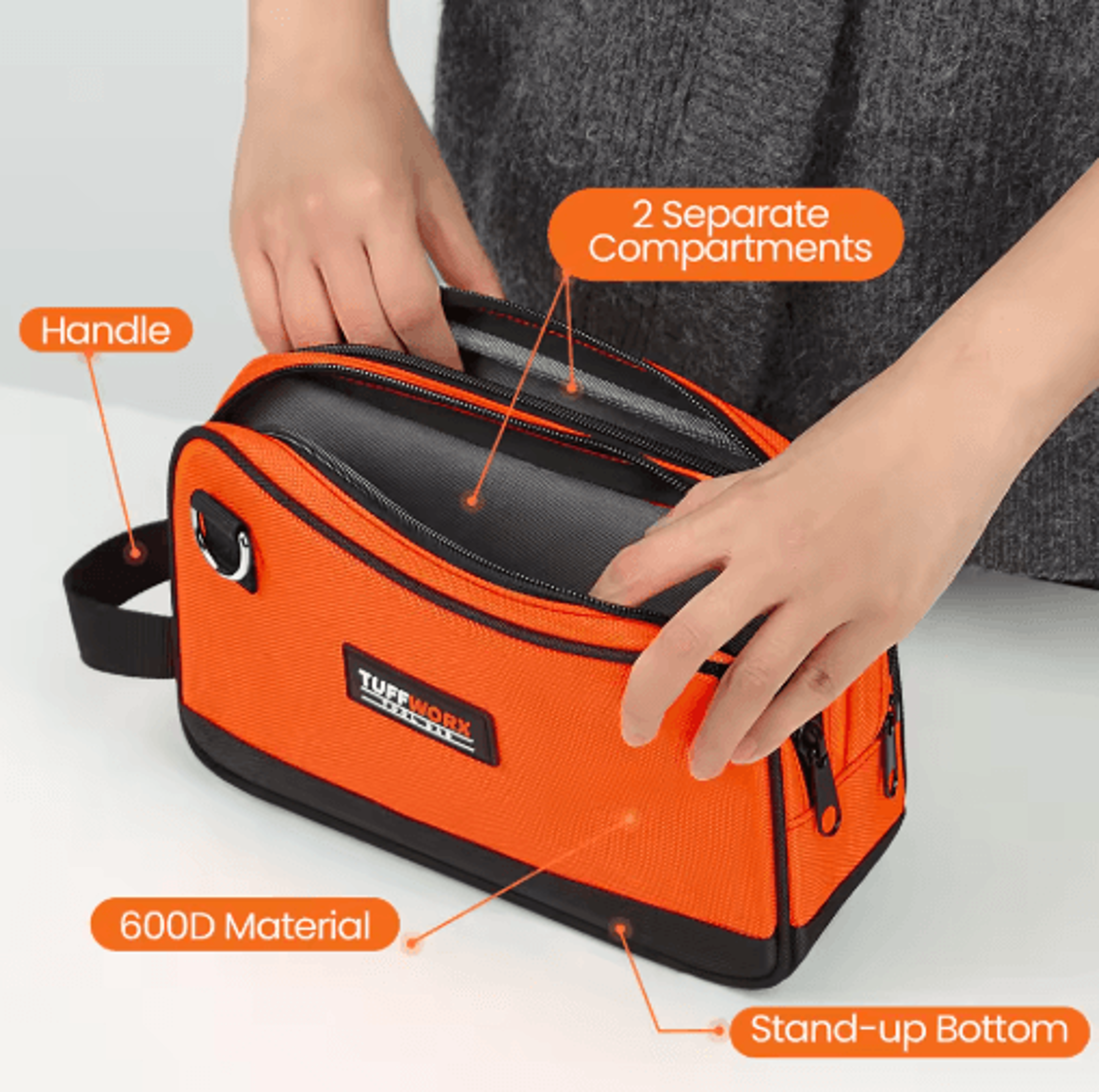 compact double-zip tool pouch – durable tool storage bag for hand tools & accessories (orange/black)