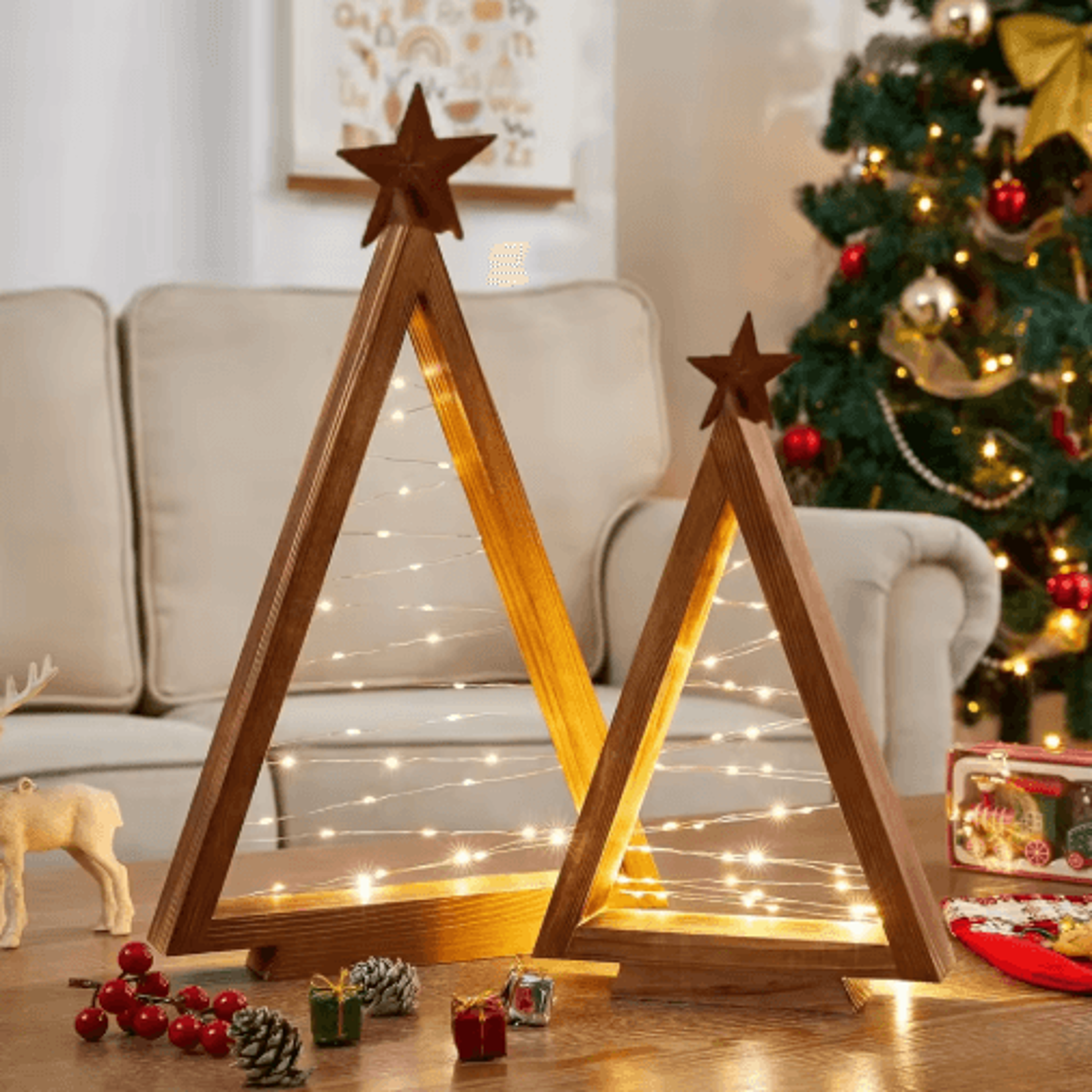 2pcs wood christmas tree with led lights – modern farmhouse lighted tabletop christmas tree for holiday decor
