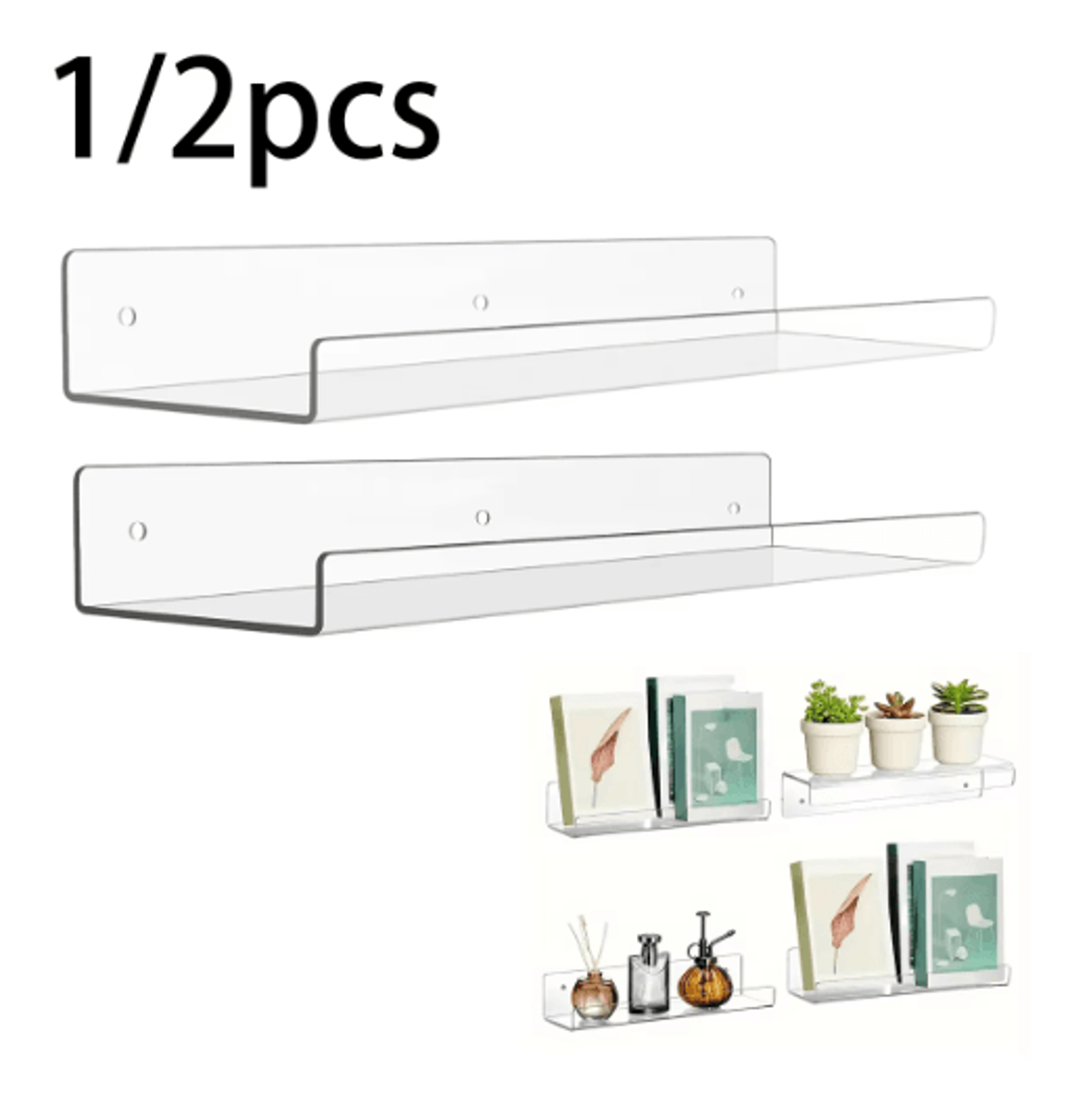 1/2pcs clear acrylic wall shelves – 11.8-inch floating acrylic shelves for kitchen, bathroom & home organization