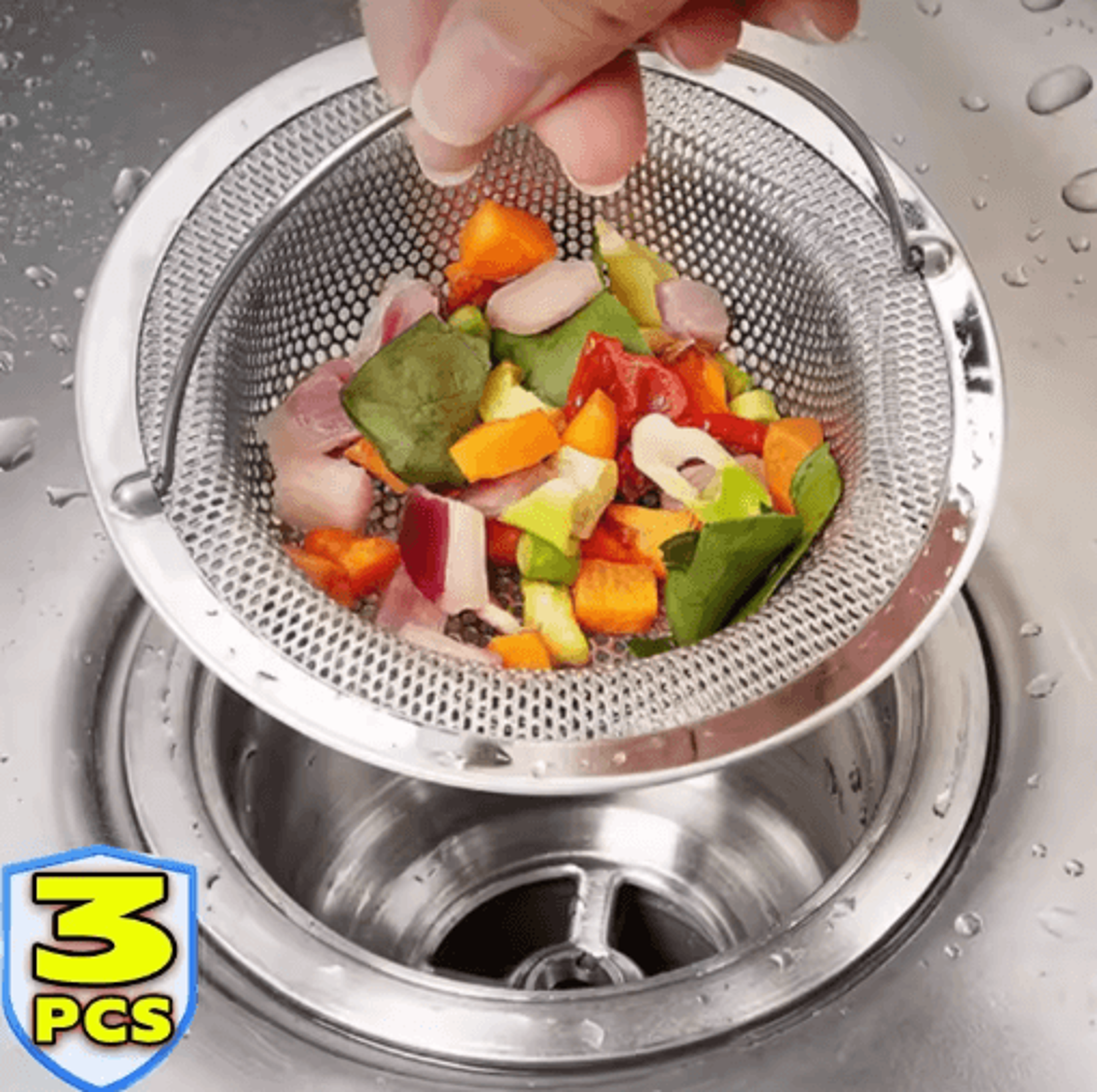 stainless steel kitchen sink strainer with handle & stopper – mesh drain basket filter (1/3pcs)