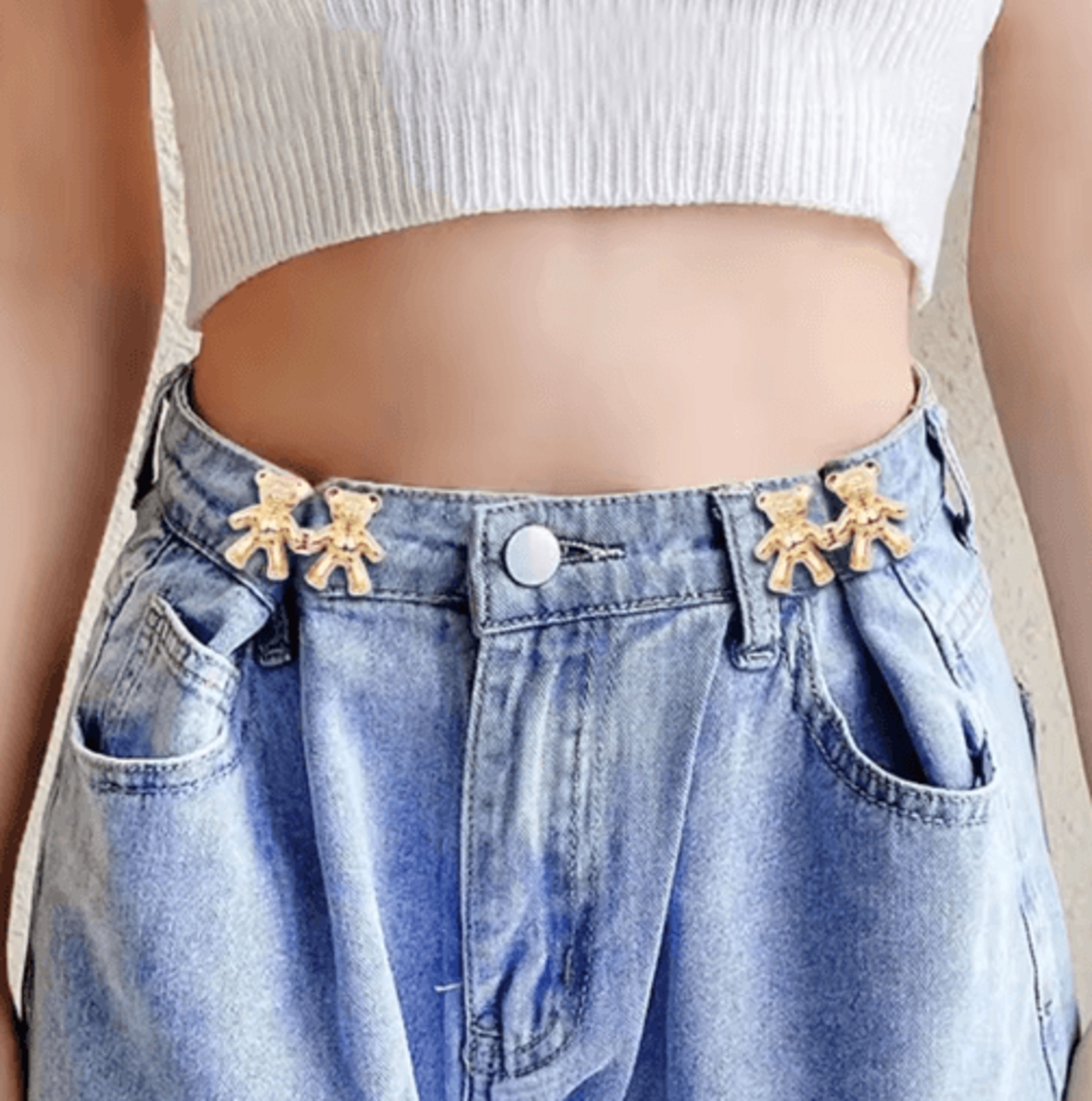 adjustable no-sew jeans waist button – removable waistband tightener with cute bear design