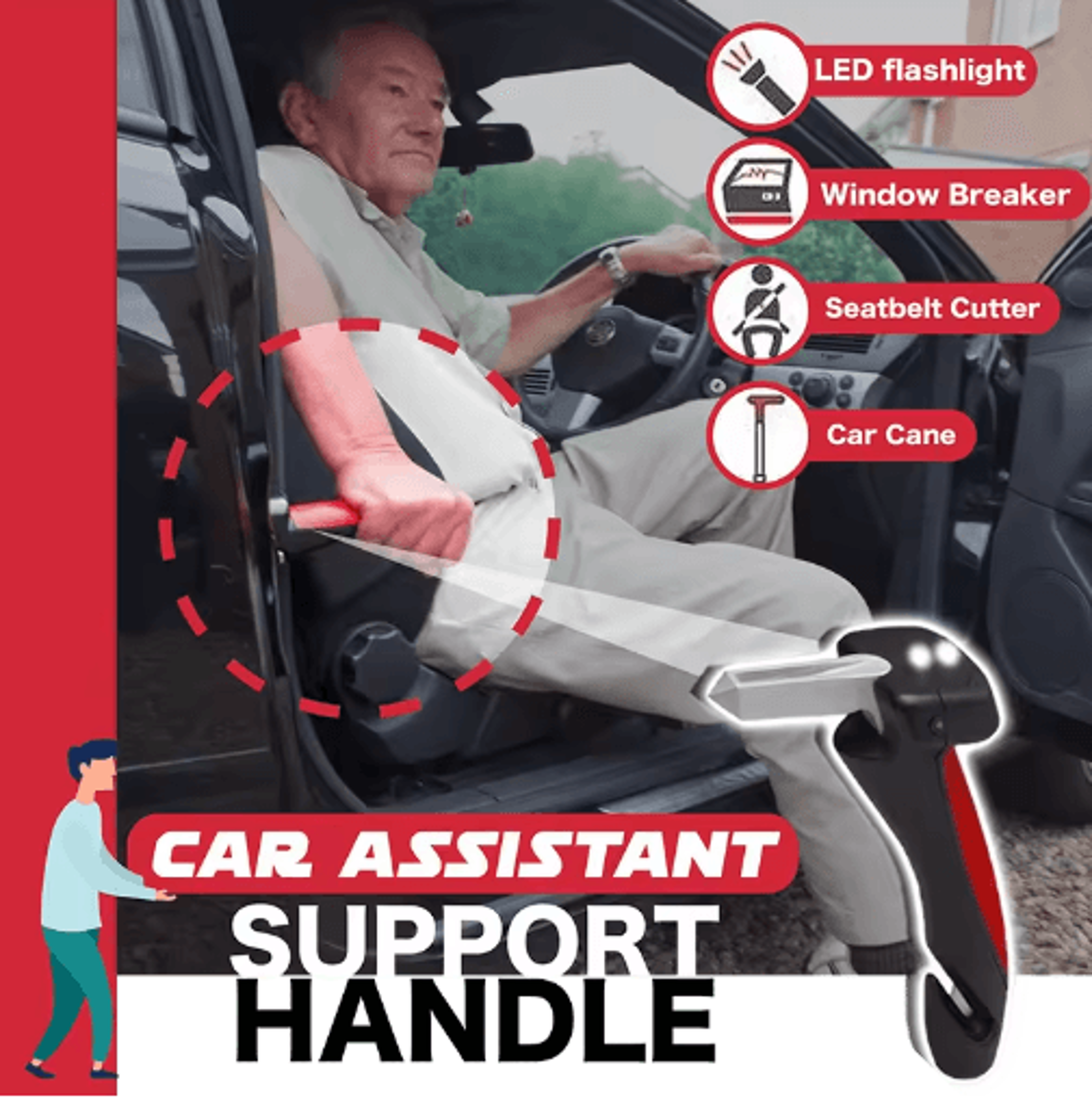4-in-1 car safety hammer & assist handle – multifunction emergency escape tool with led light