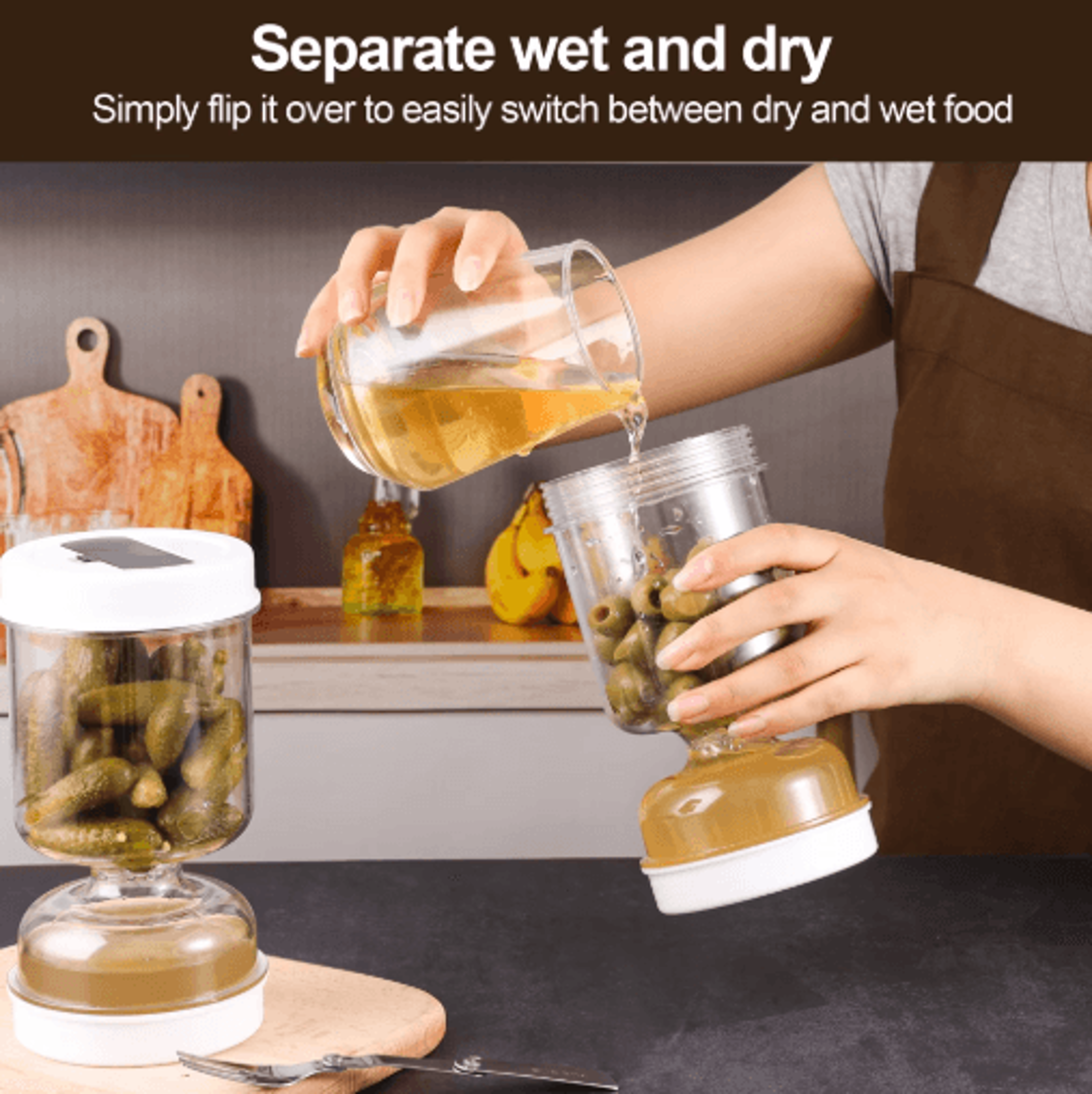 pickle jar with strainer & fork – flip hourglass container for pickles, olives & more