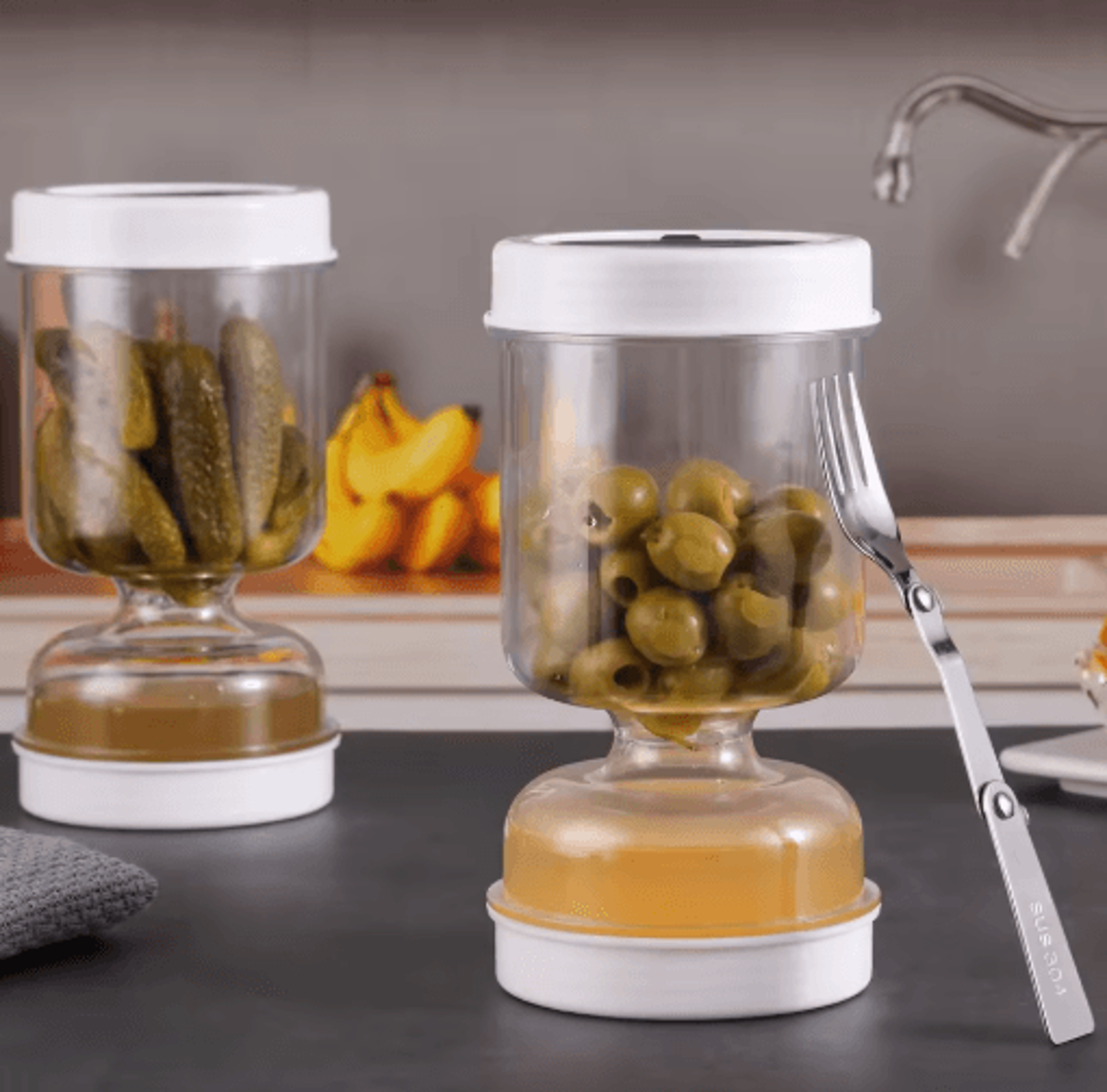 olive & pickle strainer jar – flip airtight container with built-in strainer
