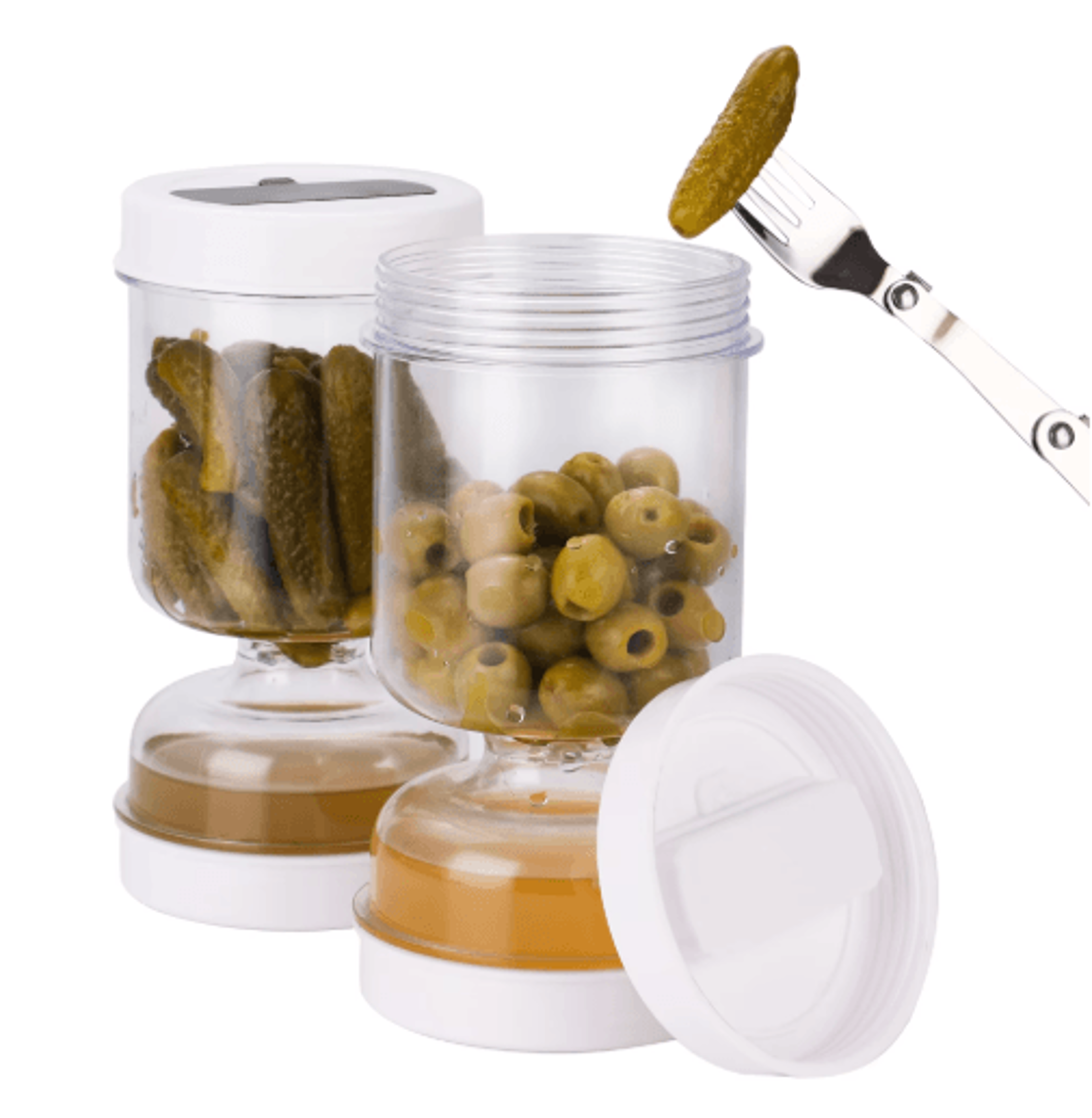 pickle jar with strainer & forks – flip hourglass container for pickles, olives & more