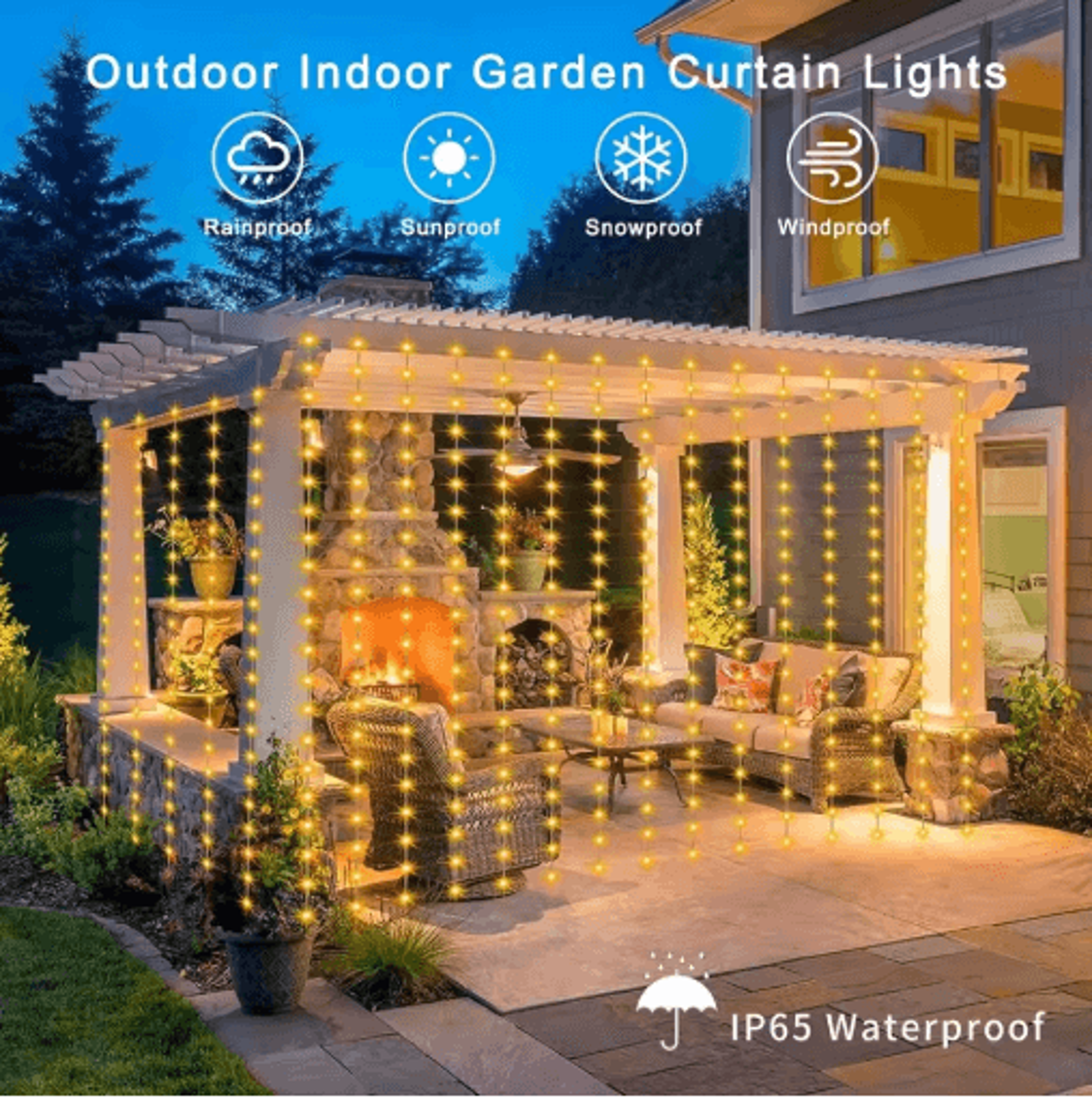 300 led solar curtain lights waterproof fairy string lights with 8 lighting modes
