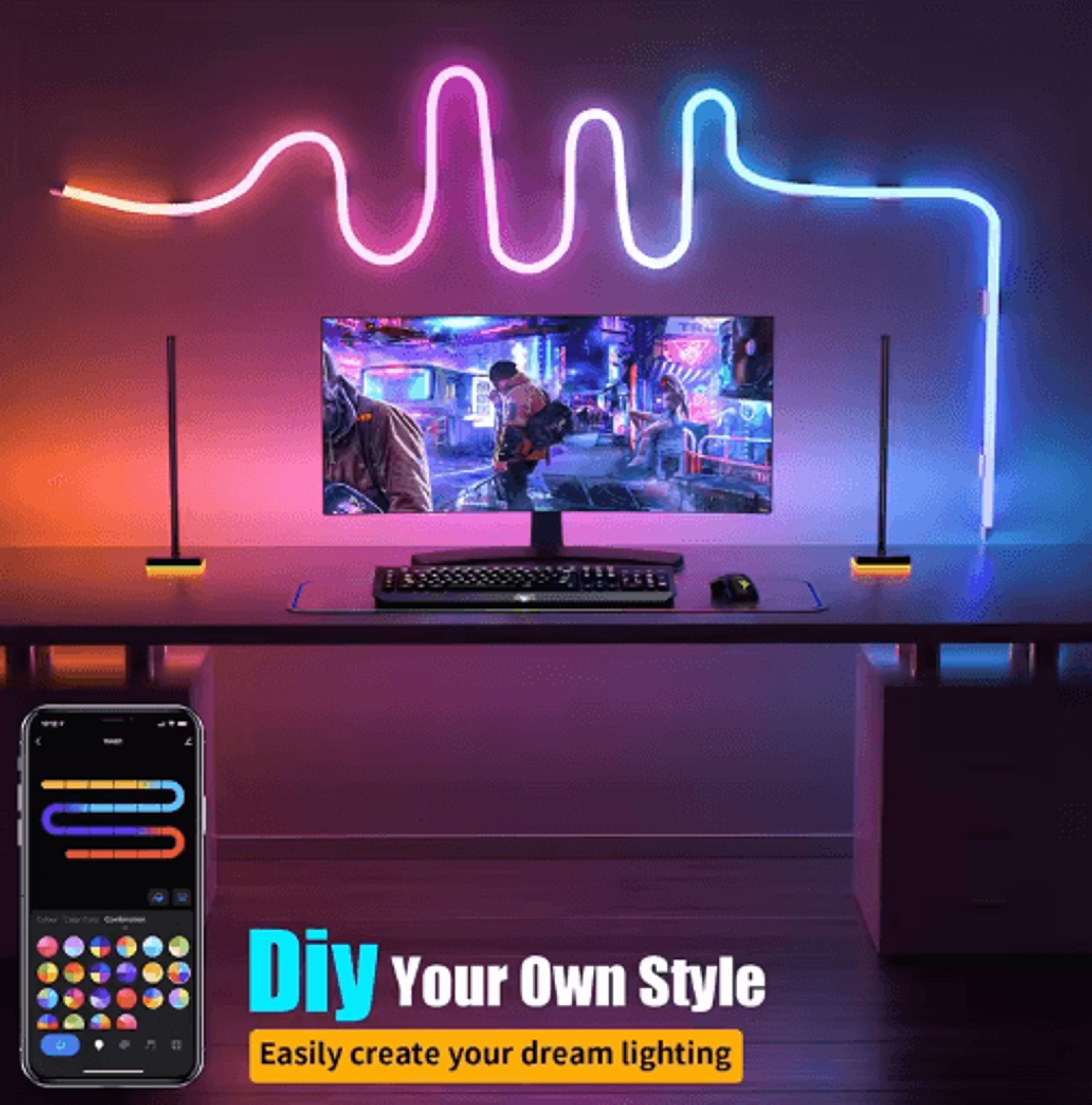 tuya rgbic neon led strip lights with music sync & smart app control