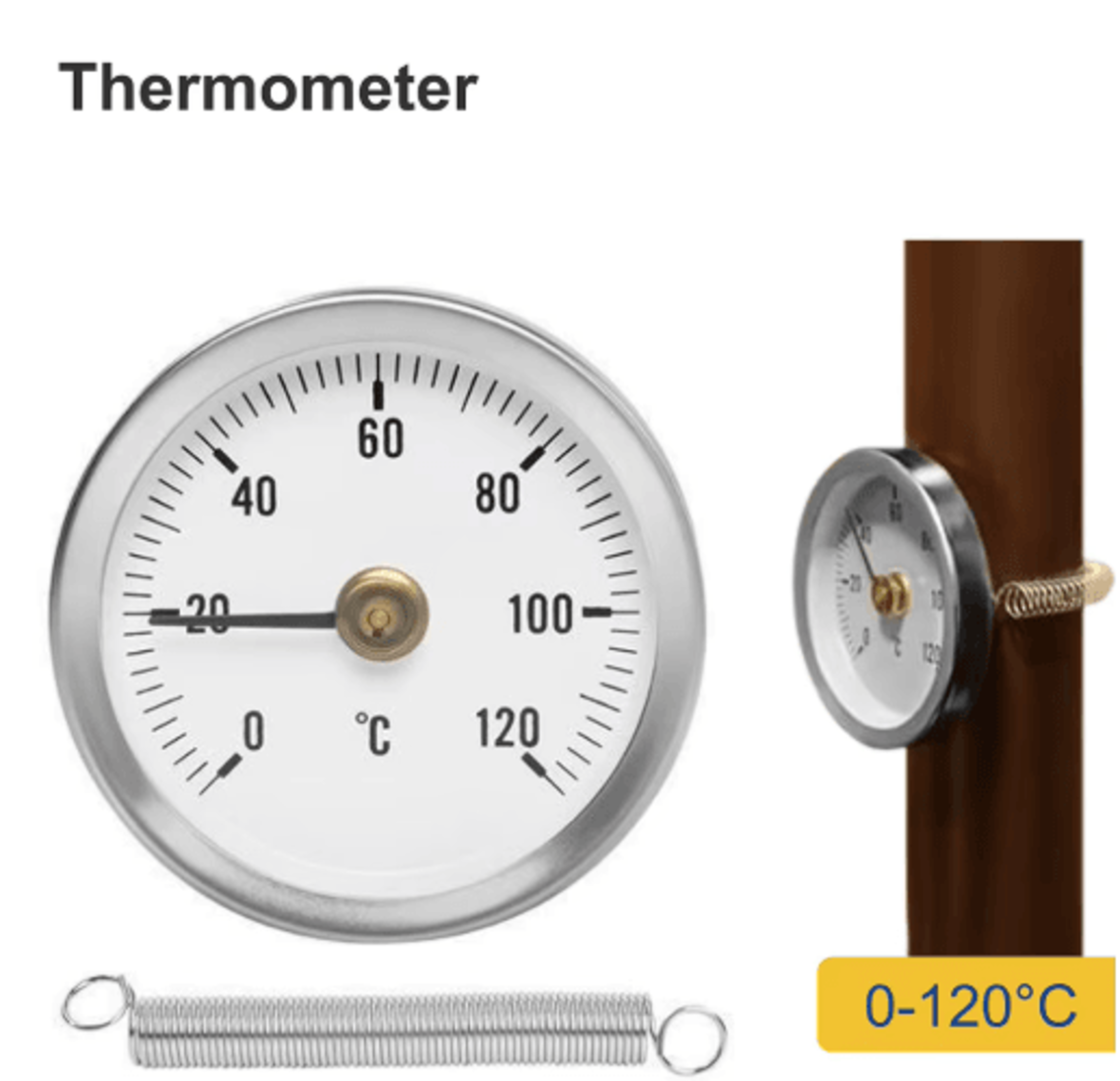 0–120°c stainless steel clamp-on pipe thermometer with spring mount