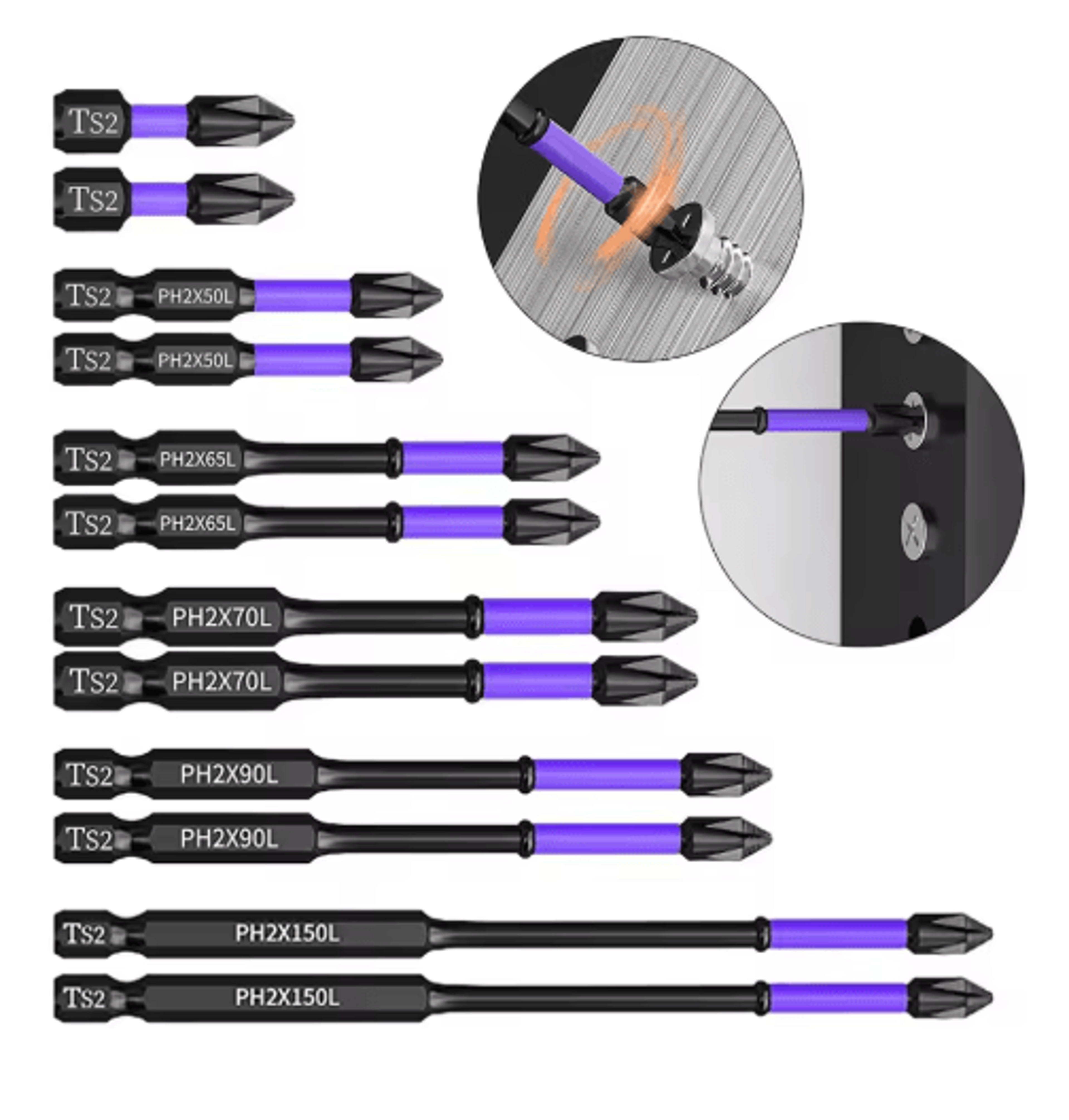 2pcs ph2 magnetic screwdriver bit set – non-slip phillips drill bits (25–150mm)