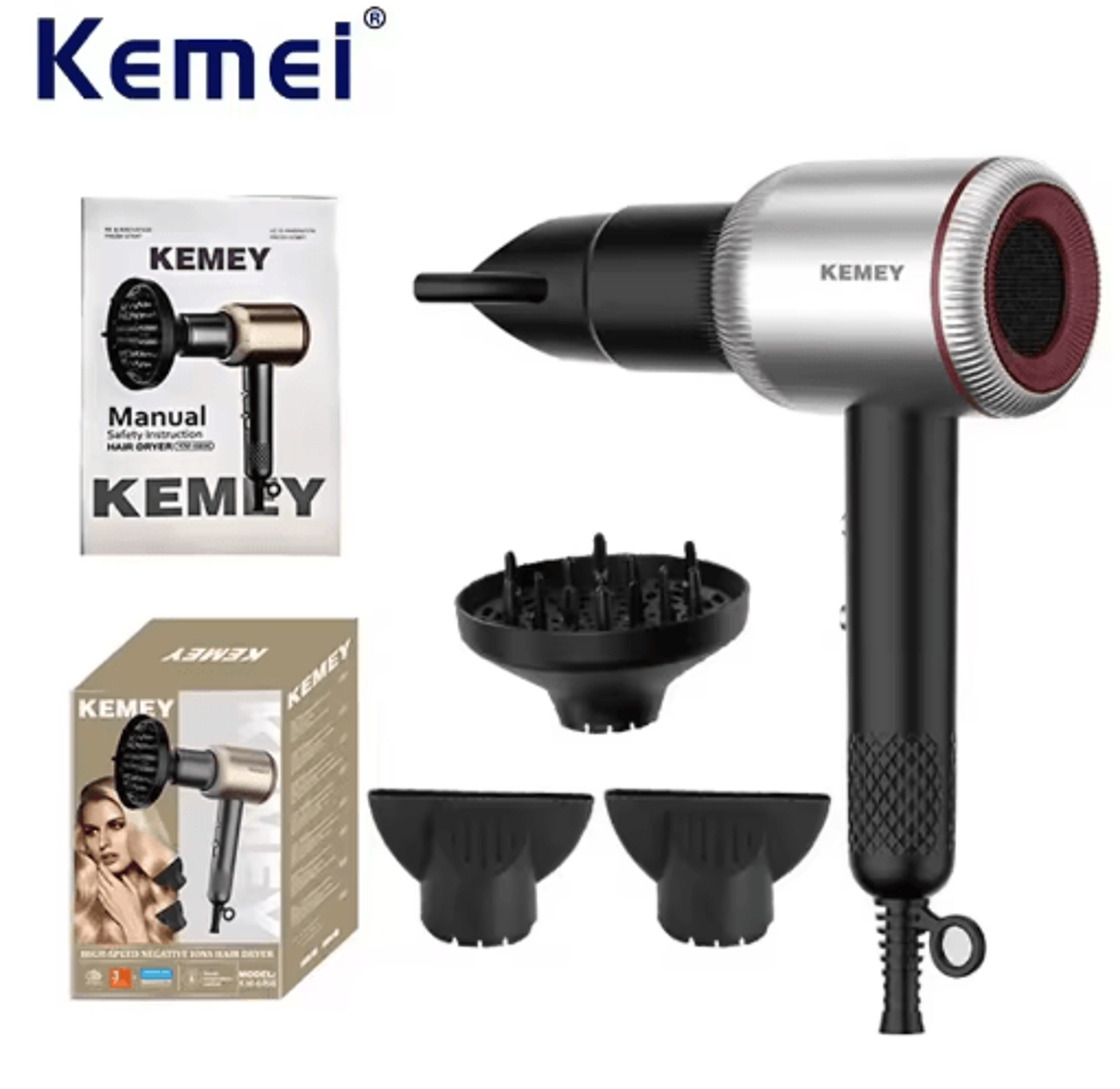 kemei 1800w professional ionic salon hair dryer – fast-drying low-noise blow dryer with diffuser & 2 concentrator nozzle