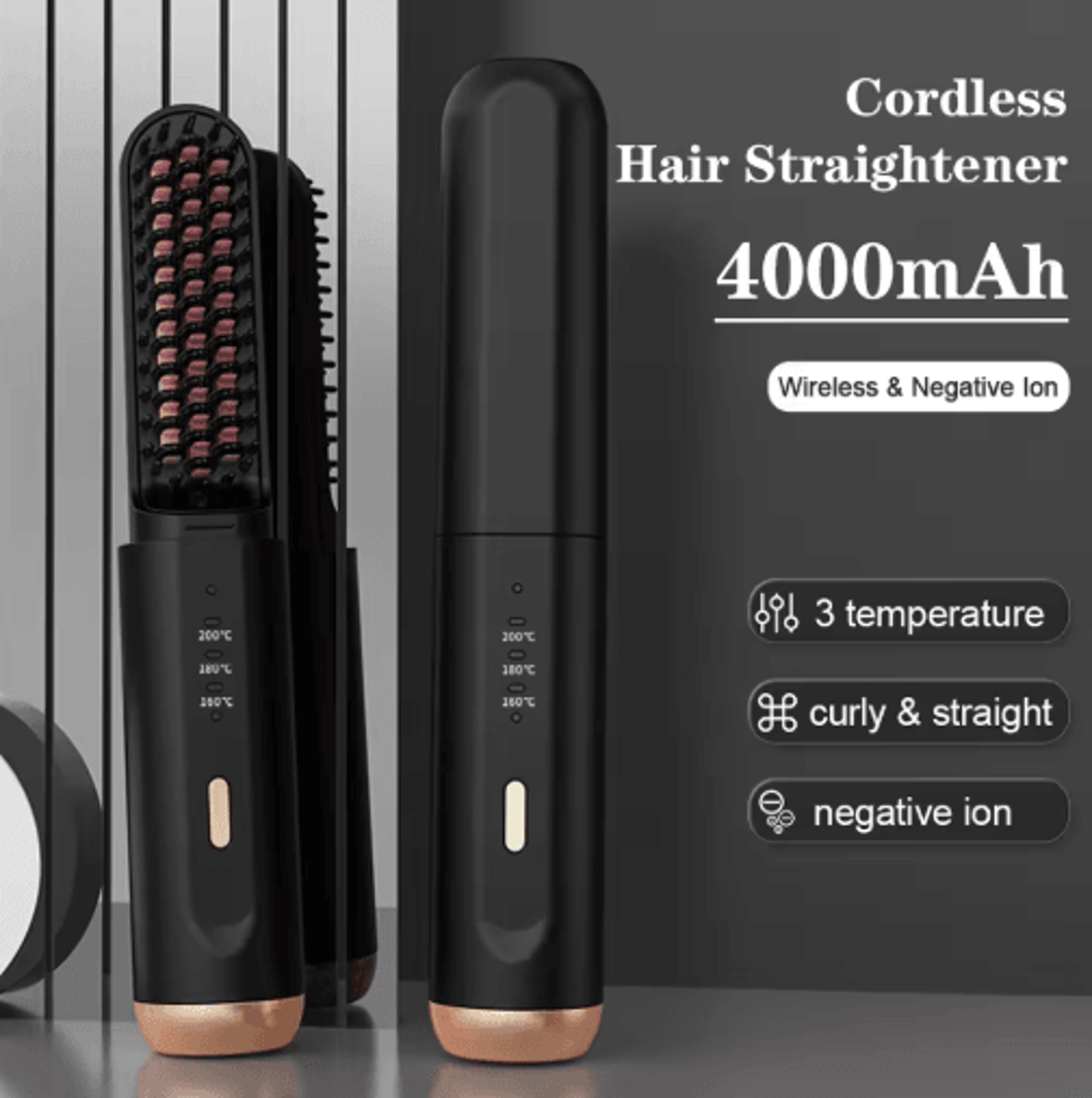 cordless beard straightener brush – fast-heating wireless hot comb for men