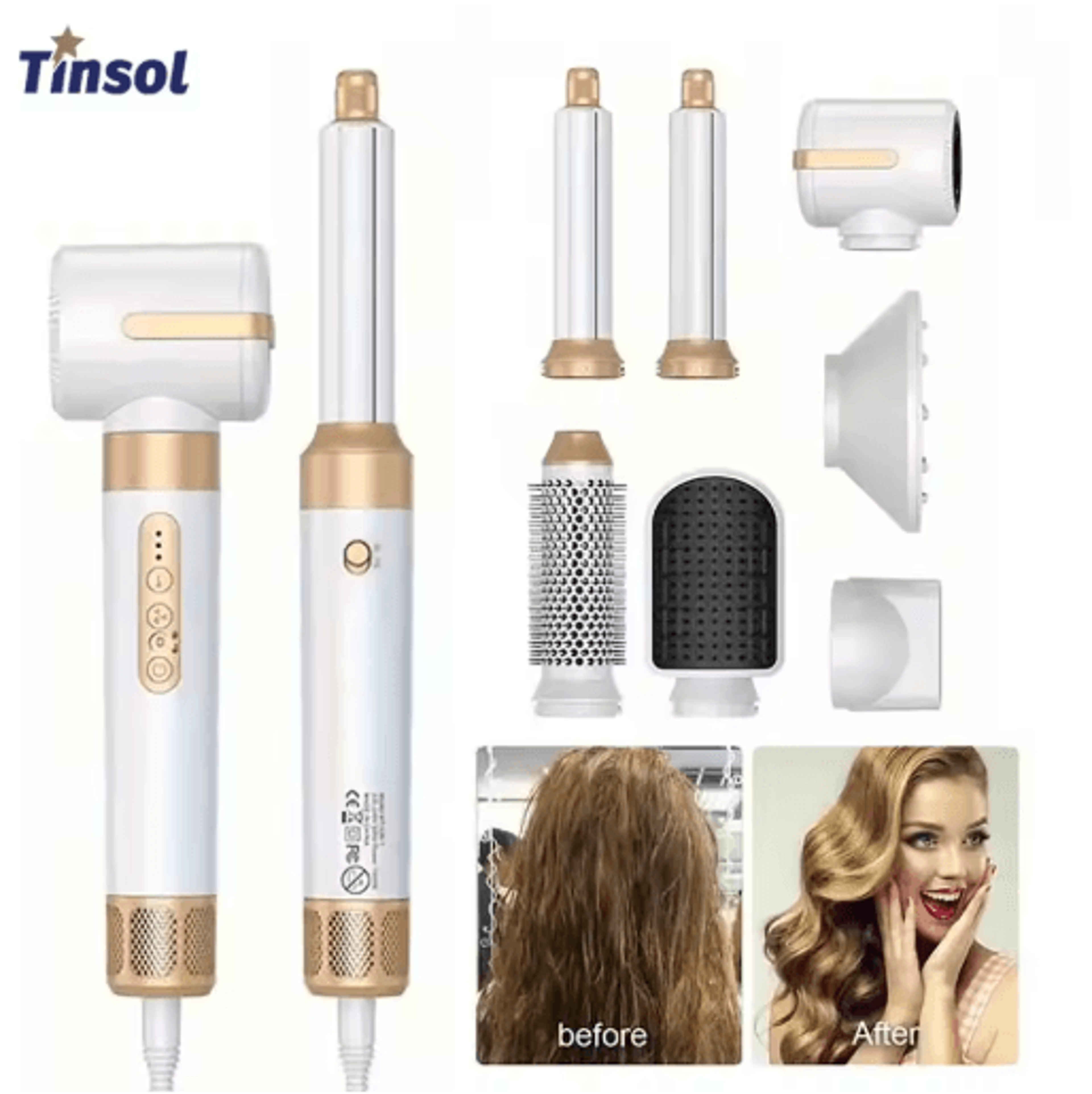 tinsol 7-in-1 hair styler & hair dryer brush – 1400w professional hot air brush and curling set