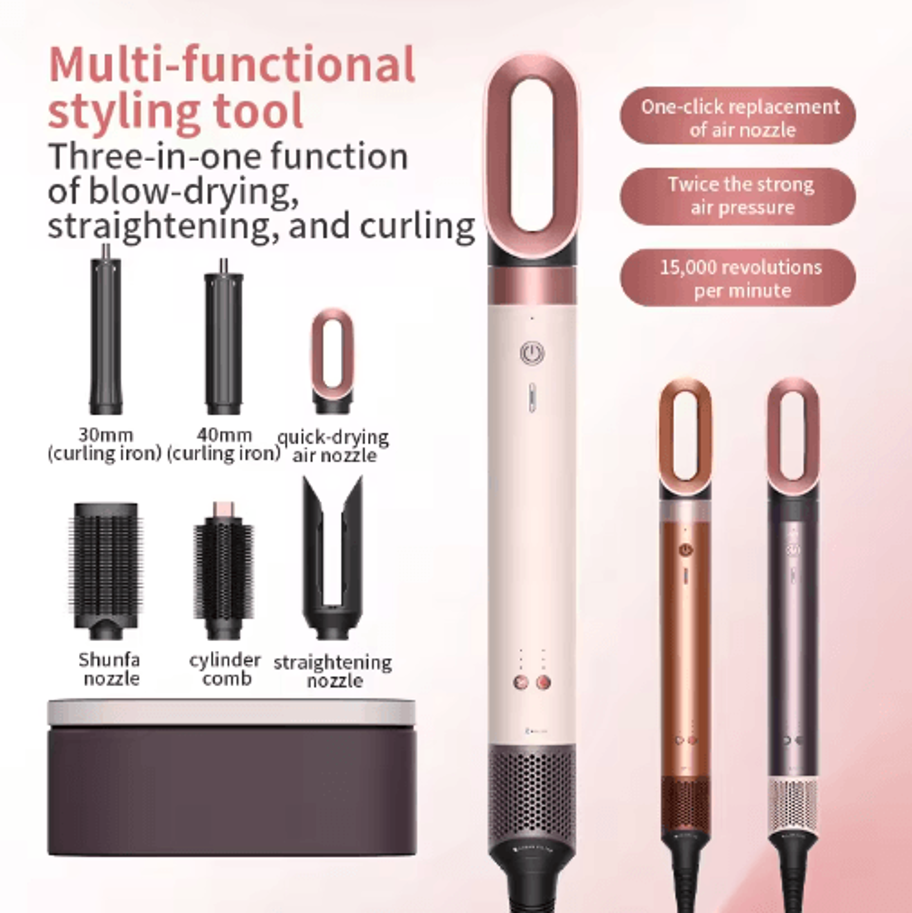 7-in-1 hair styler set – negative ion hot air brush with auto curling barrel & hair dryer brush