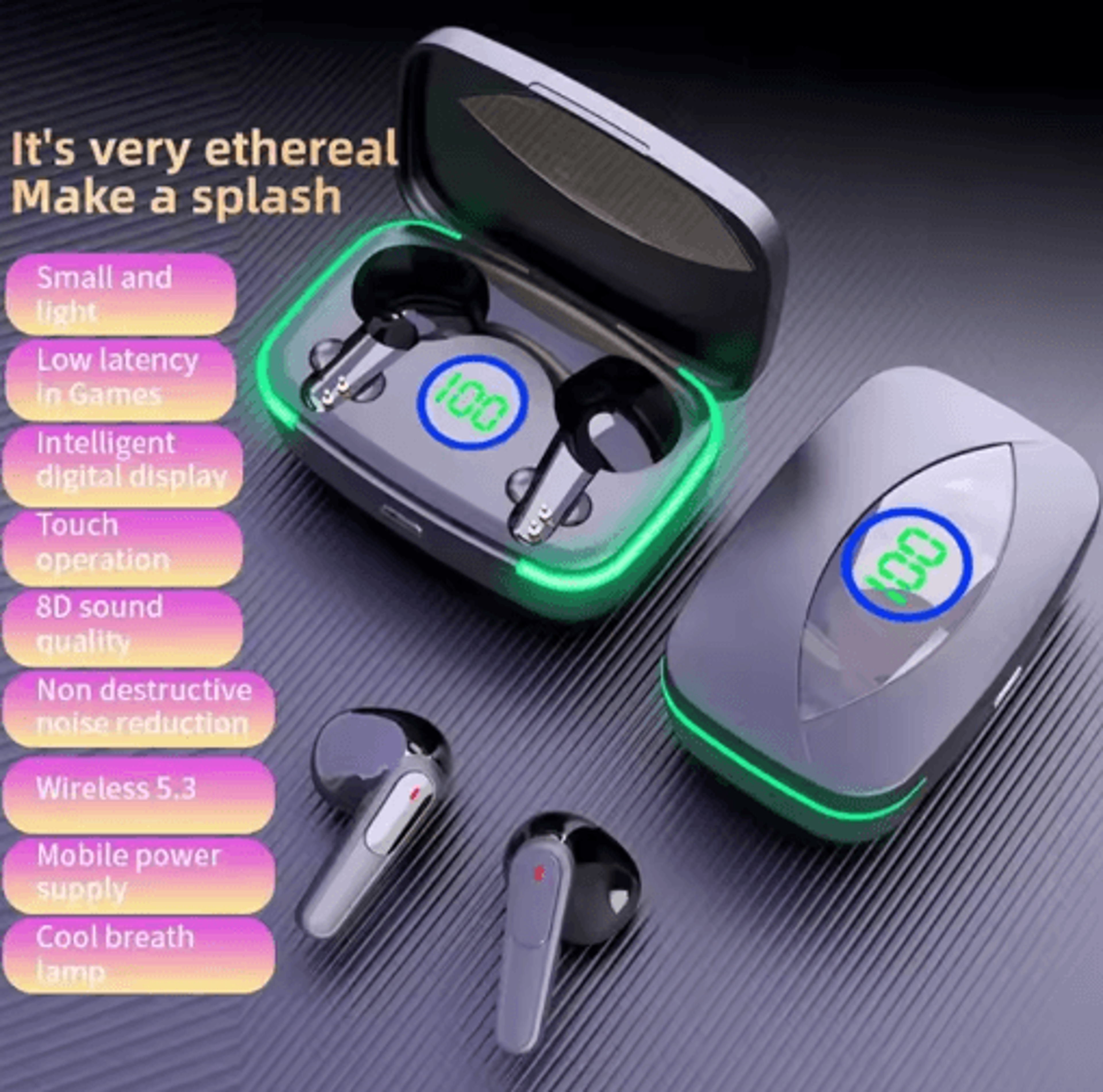 m80 bluetooth 5.3 tws wireless earbuds with digital display & gaming mode