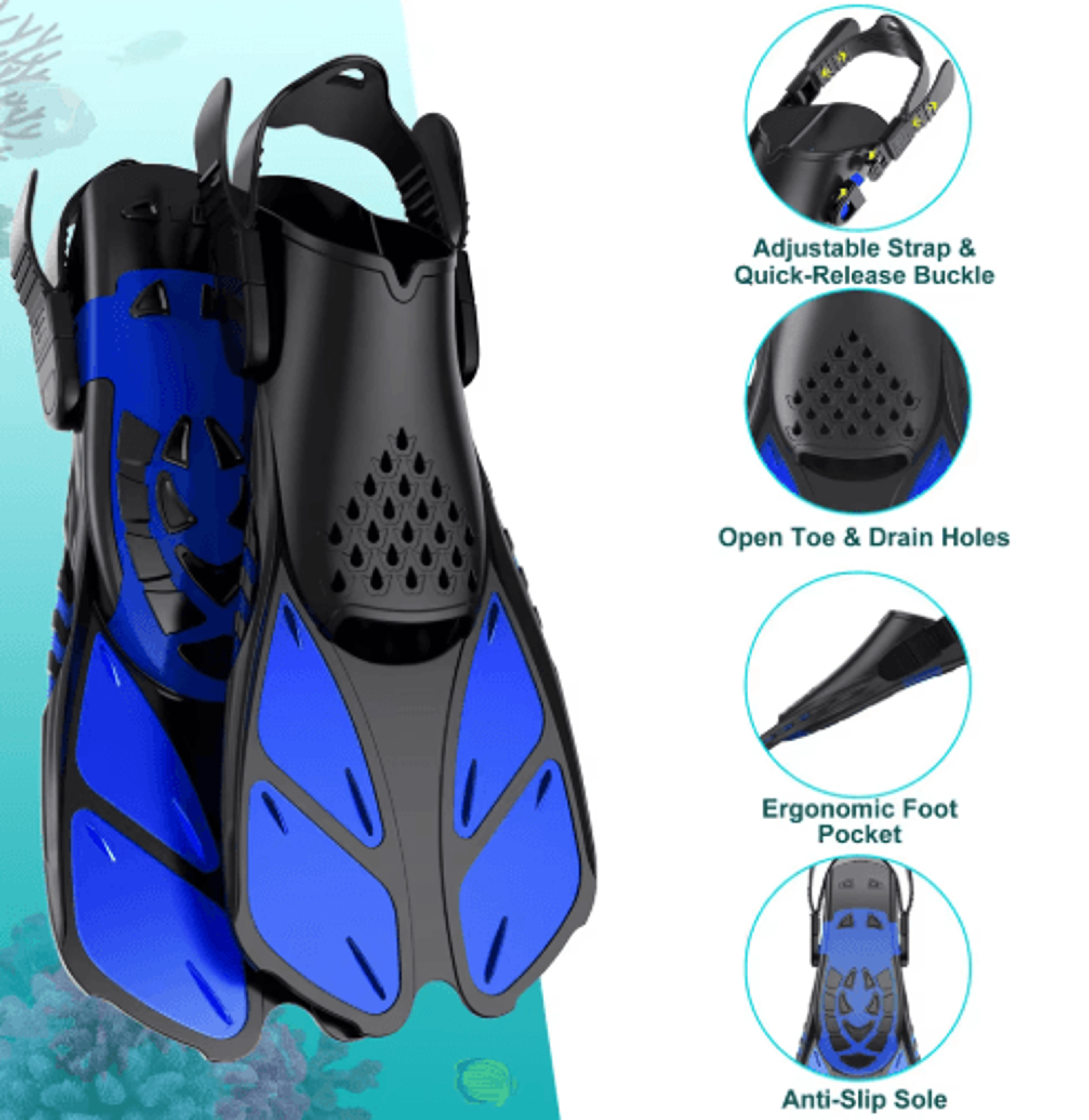 adjustable snorkel fins – short silicone swimming flippers for snorkeling & scuba diving