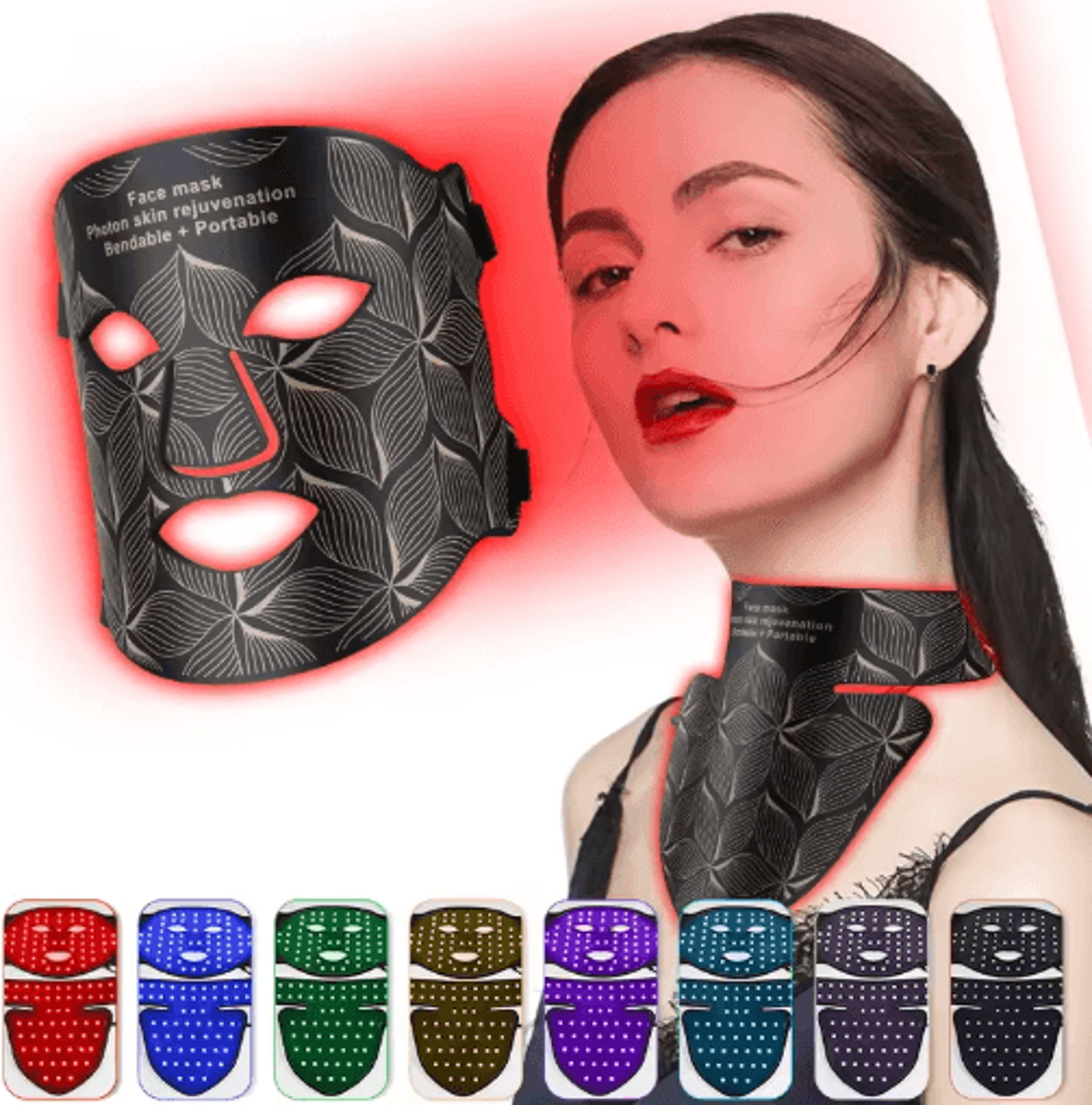 silicone led facial mask with neck – 8-color light therapy mask for home skincare